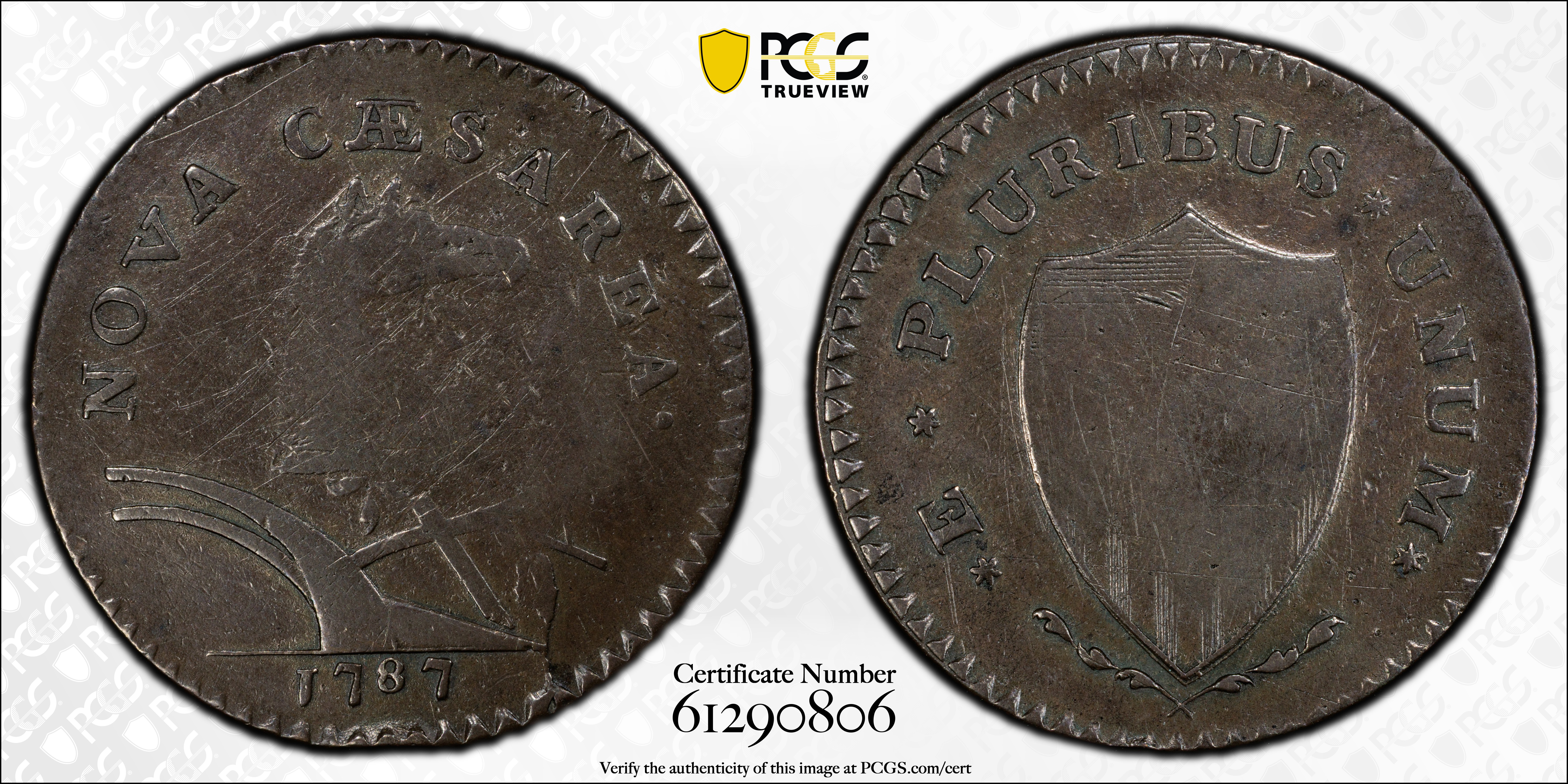 image for: 1787 New Jersey Copper. Maris 62-q, W-5350. Rarity-3. Sprig Above Plow, Hidden WM. Large Planchet. Fine-12 (PCGS).