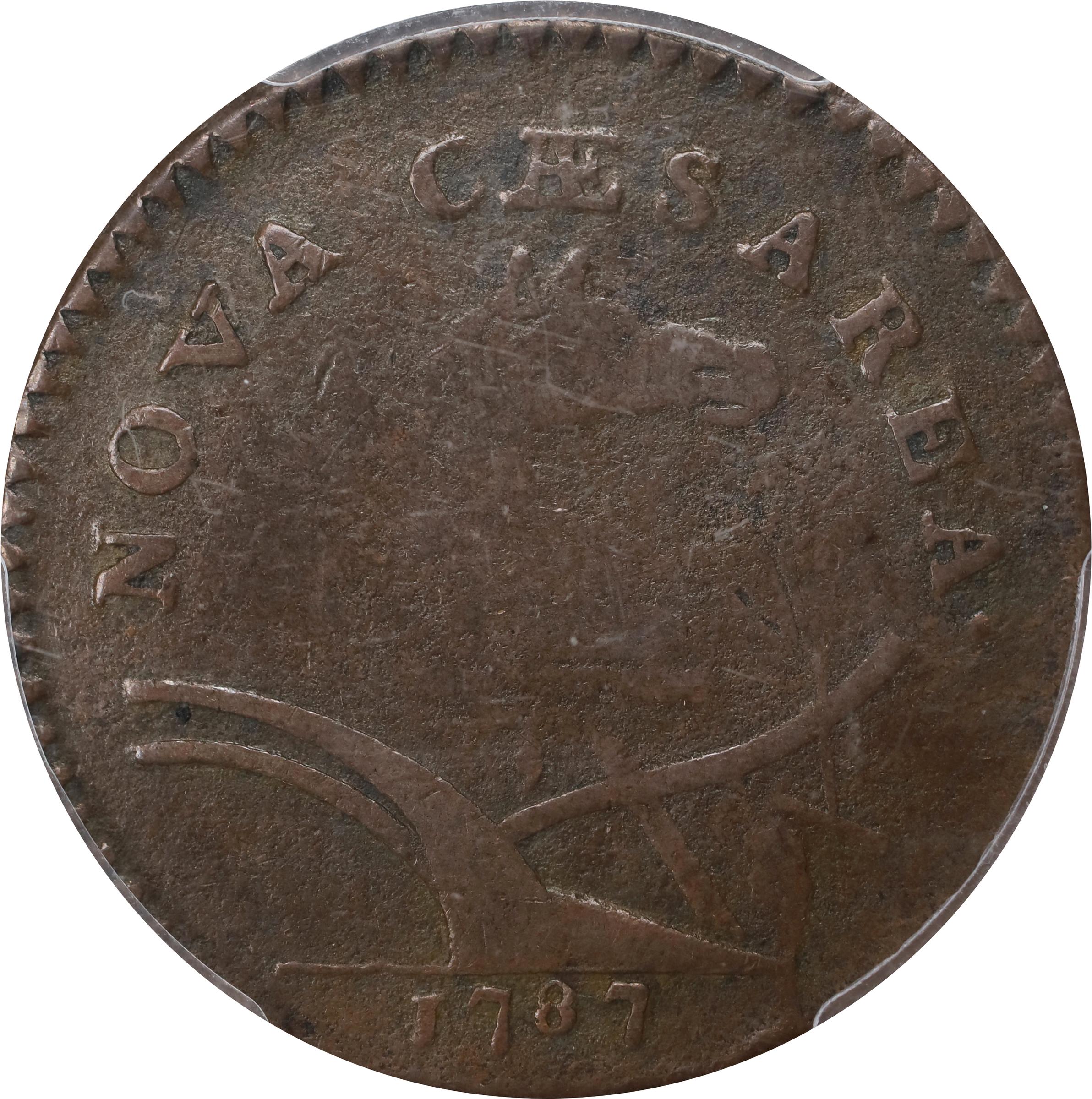 image for: 1787 New Jersey Copper. Maris 62-q, W-5350. Rarity-3. Sprig Above Plow, Hidden WM. Large Planchet. VG-10 (PCGS).