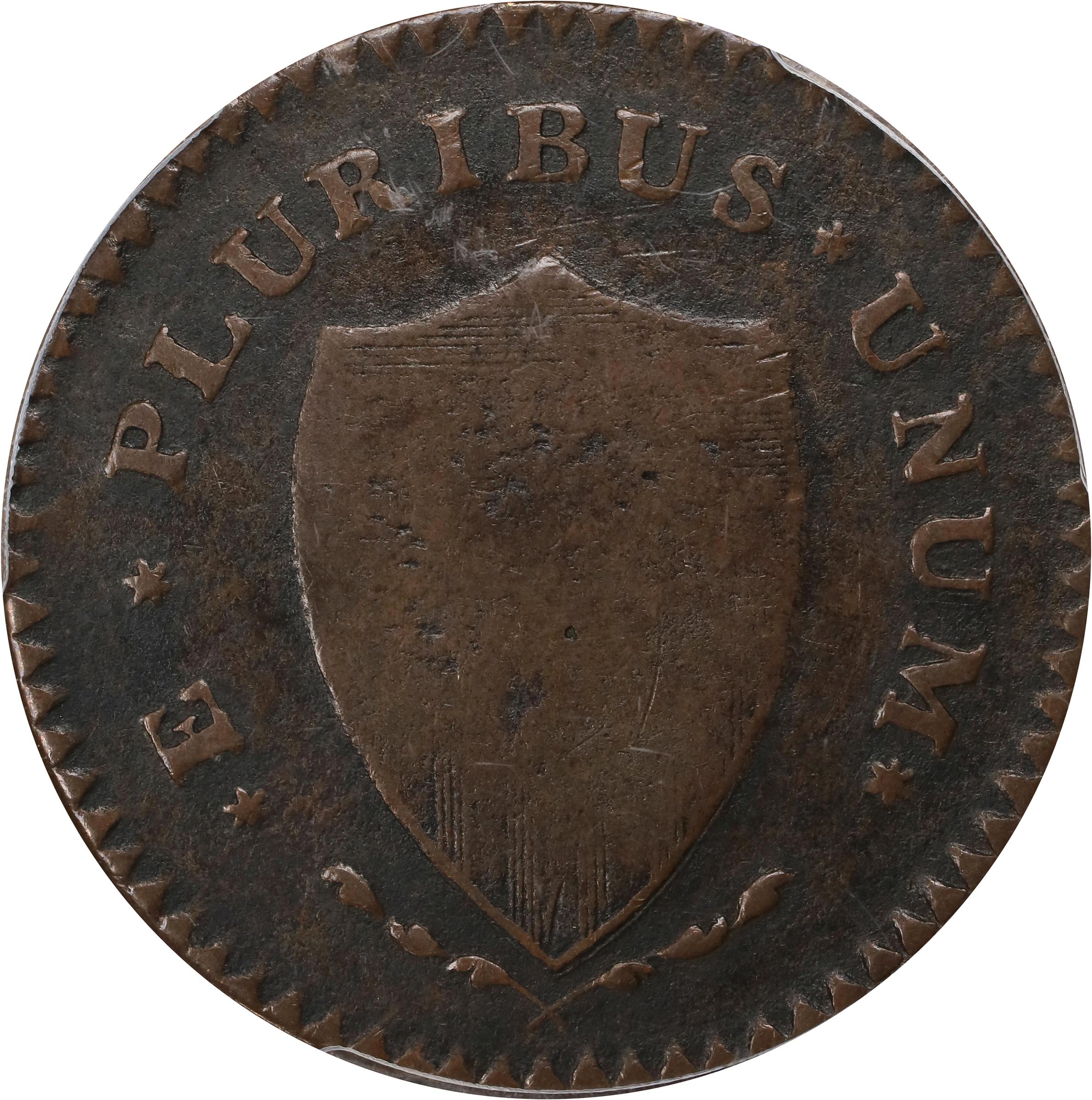 image for: 1787 New Jersey Copper. Maris 62-q, W-5350. Rarity-3. Sprig Above Plow, Hidden WM. Large Planchet. VG-10 (PCGS).