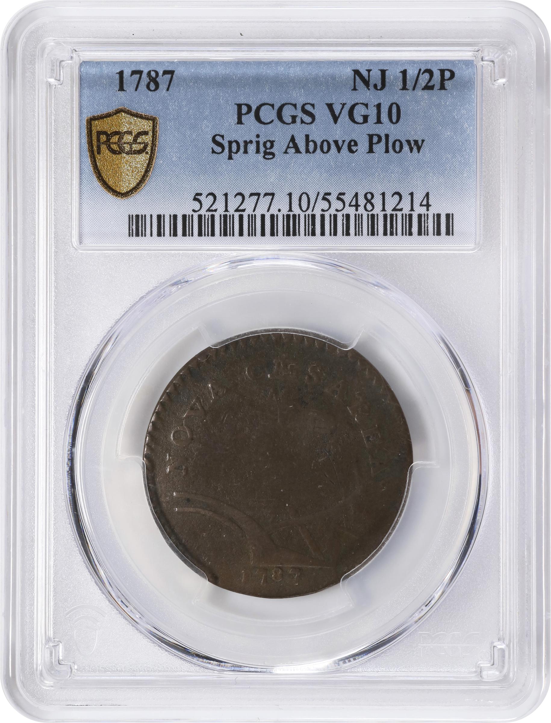 image for: 1787 New Jersey Copper. Maris 62-q, W-5350. Rarity-3. Sprig Above Plow, Hidden WM. Large Planchet. VG-10 (PCGS).