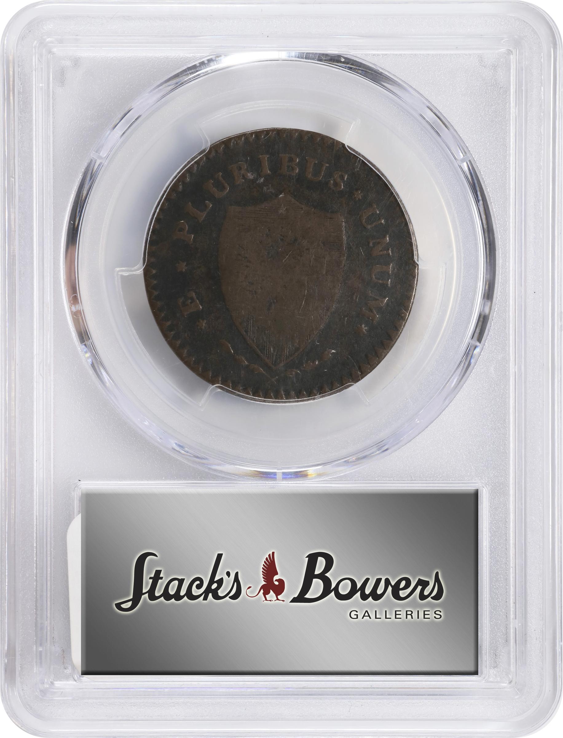 image for: 1787 New Jersey Copper. Maris 62-q, W-5350. Rarity-3. Sprig Above Plow, Hidden WM. Large Planchet. VG-10 (PCGS).