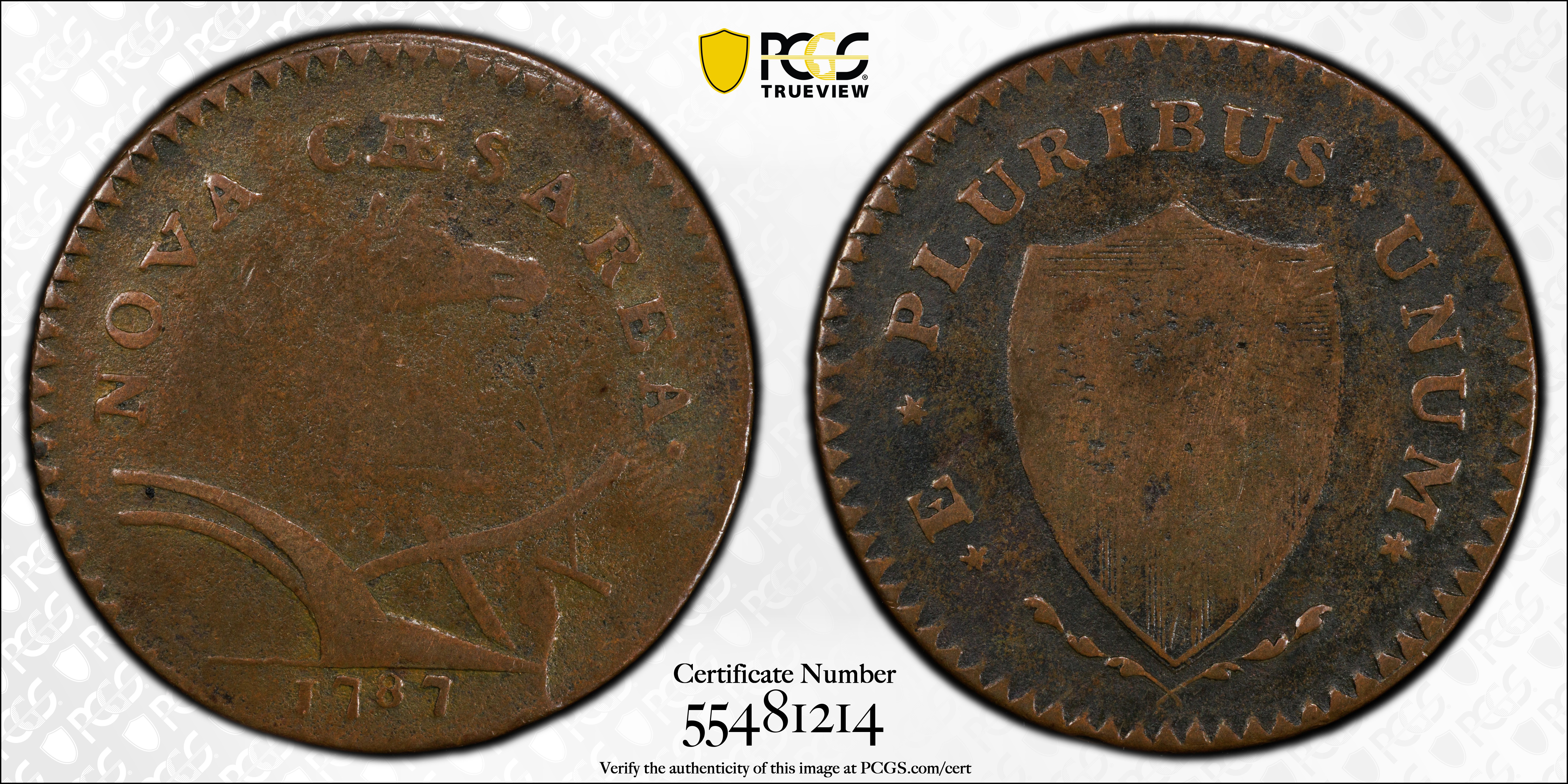 image for: 1787 New Jersey Copper. Maris 62-q, W-5350. Rarity-3. Sprig Above Plow, Hidden WM. Large Planchet. VG-10 (PCGS).