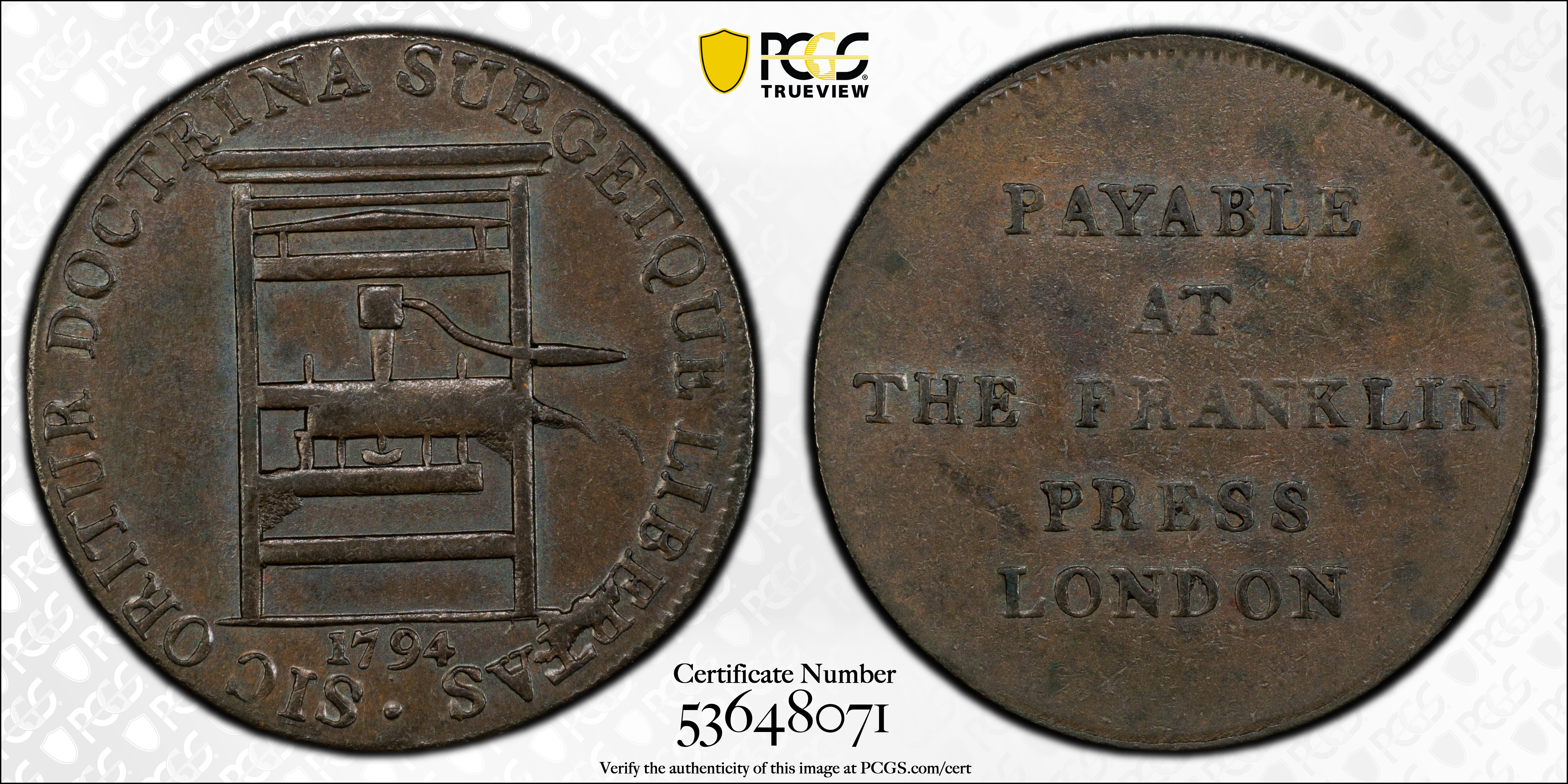 image for: 1794 Franklin Press Token. W-8850. Rarity-1. Plain Edge. AU-58 (PCGS).