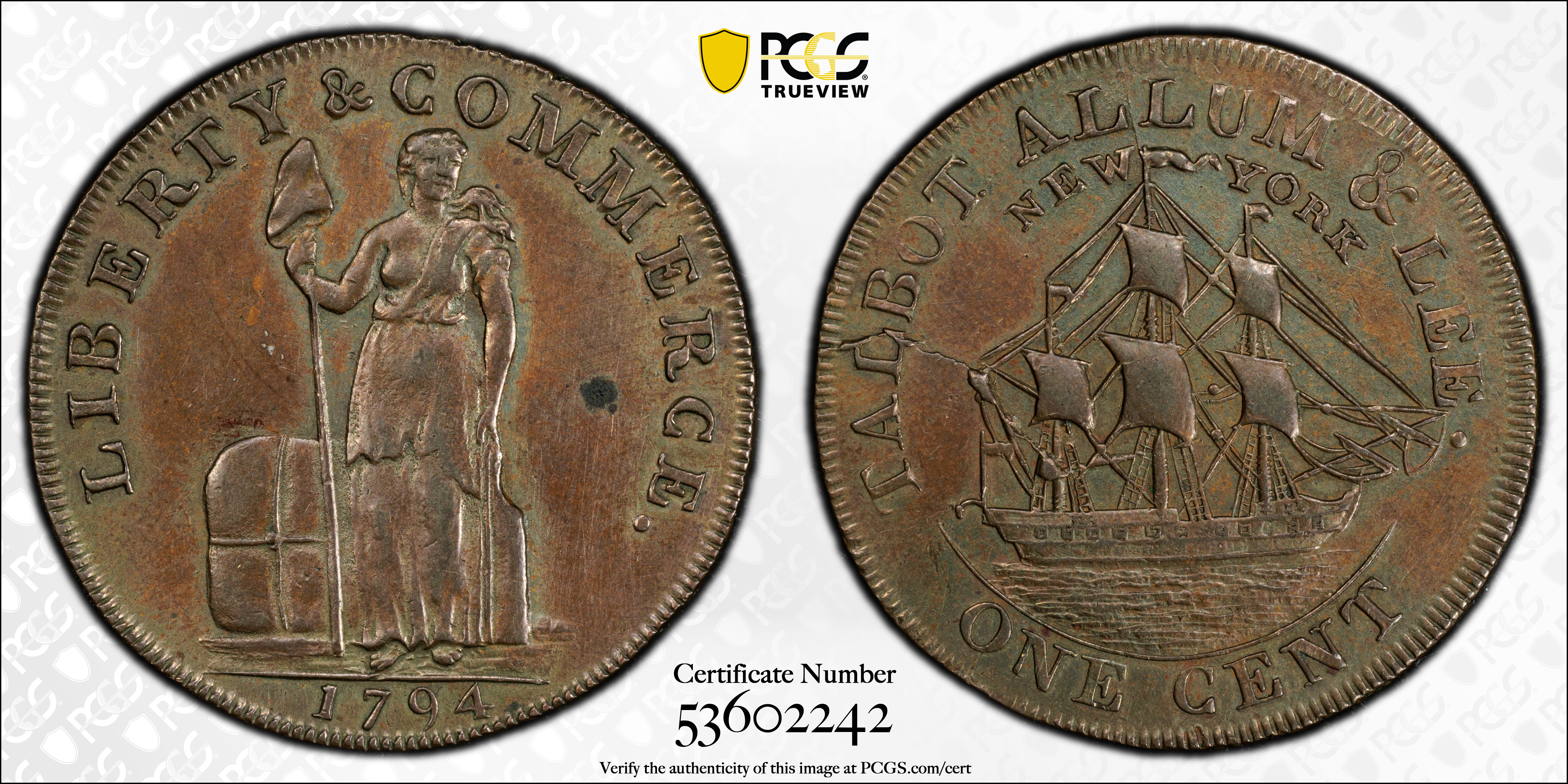 image for: 1794 Talbot, Allum & Lee Cent. Fuld-2, W-8570. Rarity-2. With NEW YORK. Large & on Reverse. Lettered Edge. AU-55 (PCGS).
