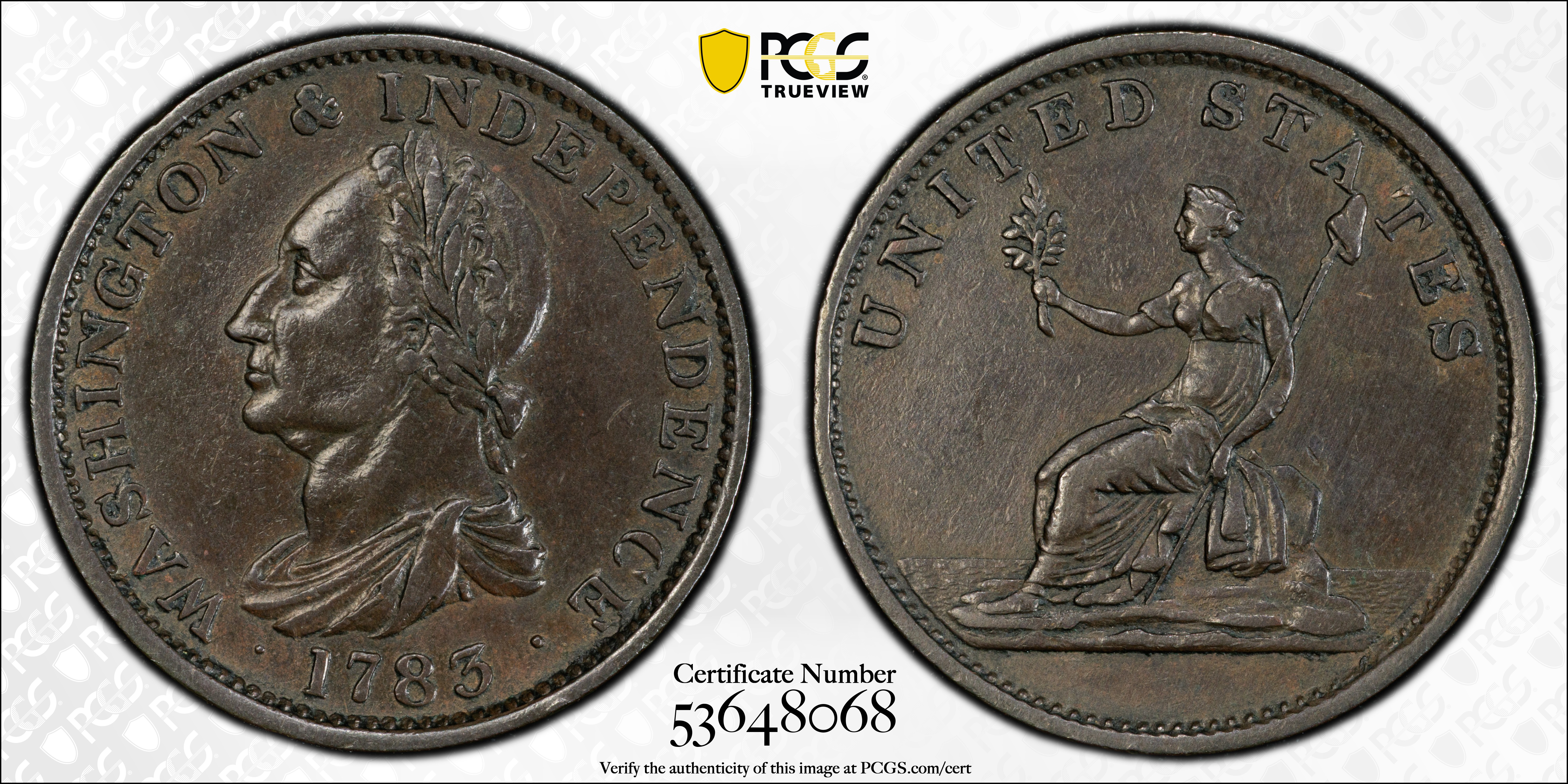 image for: "1783" (ca. 1820) Washington Draped Bust Copper. Musante GW-106, Vlack 13-J, Baker-2, W-10300. No Button. Copper. Plain Edge. AU-55 (PCGS).