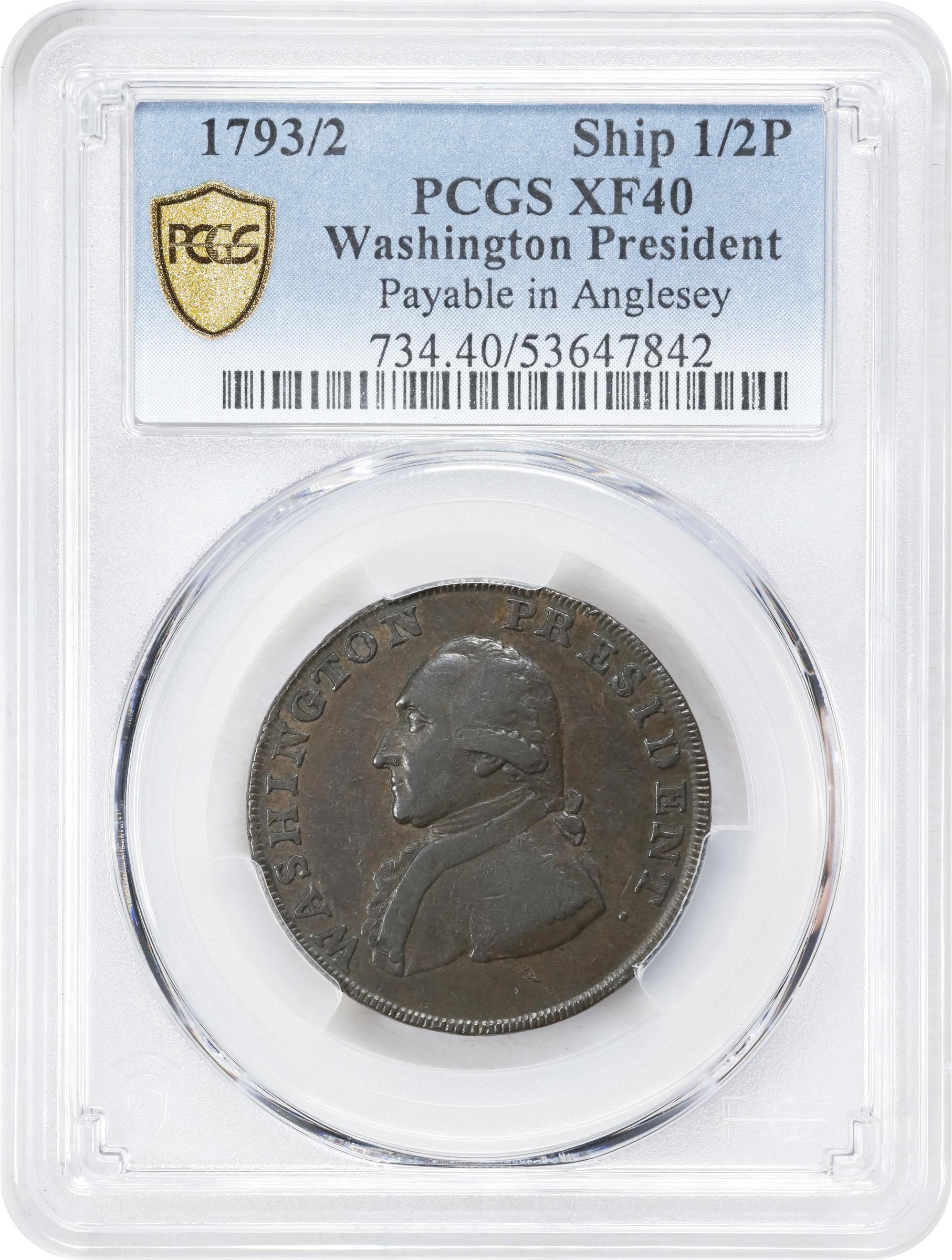 image for: 1793/2 Washington Ship Halfpenny. Musante GW-20, Baker-18, W-10855. Copper. Lettered Edge. EF-40 (PCGS).