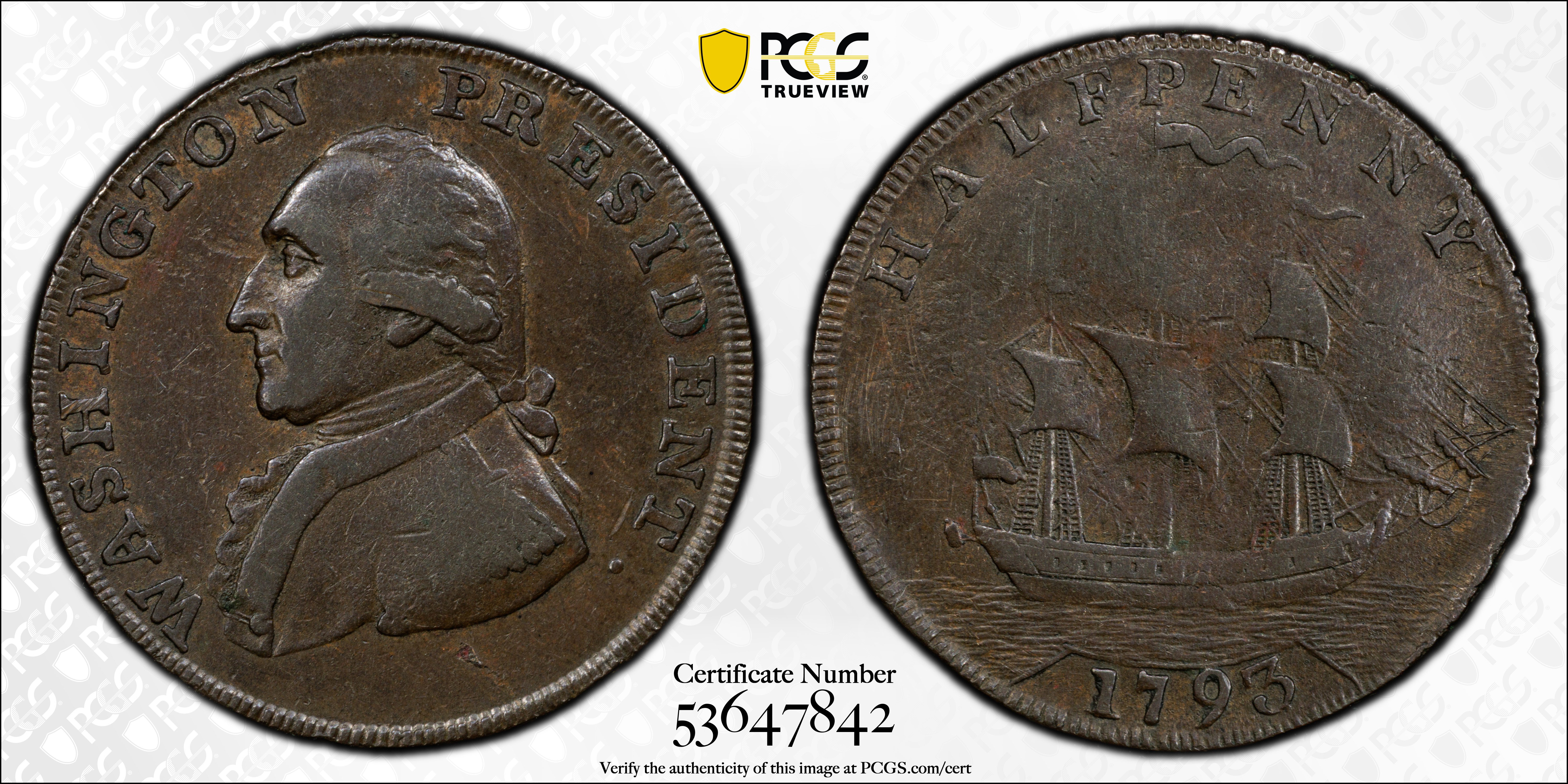 image for: 1793/2 Washington Ship Halfpenny. Musante GW-20, Baker-18, W-10855. Copper. Lettered Edge. EF-40 (PCGS).