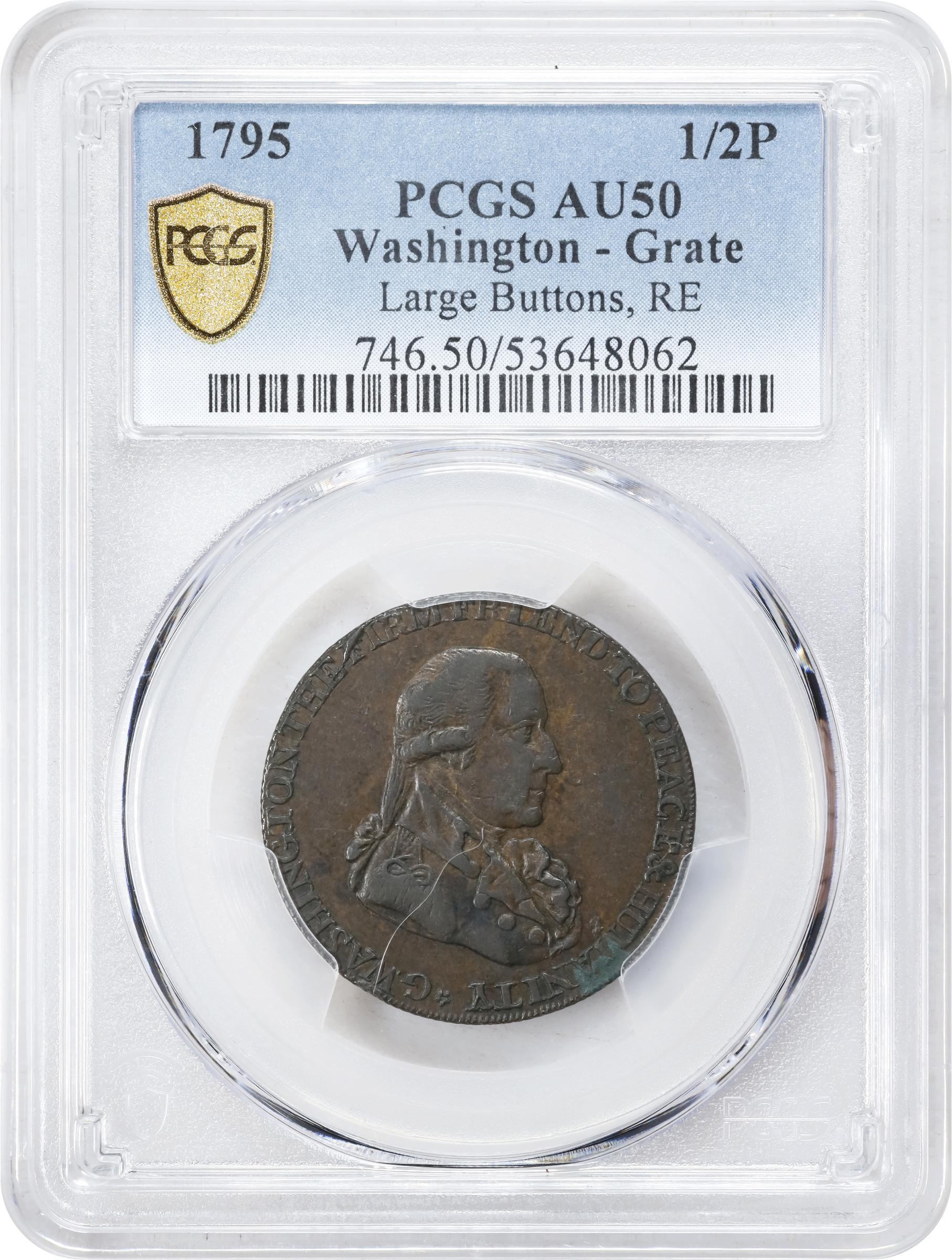 image for: 1795 Washington Grate Halfpenny. Musante GW-49, Baker-29B, W-10955. Large Buttons. Copper. Reeded Edge. AU-50 (PCGS).