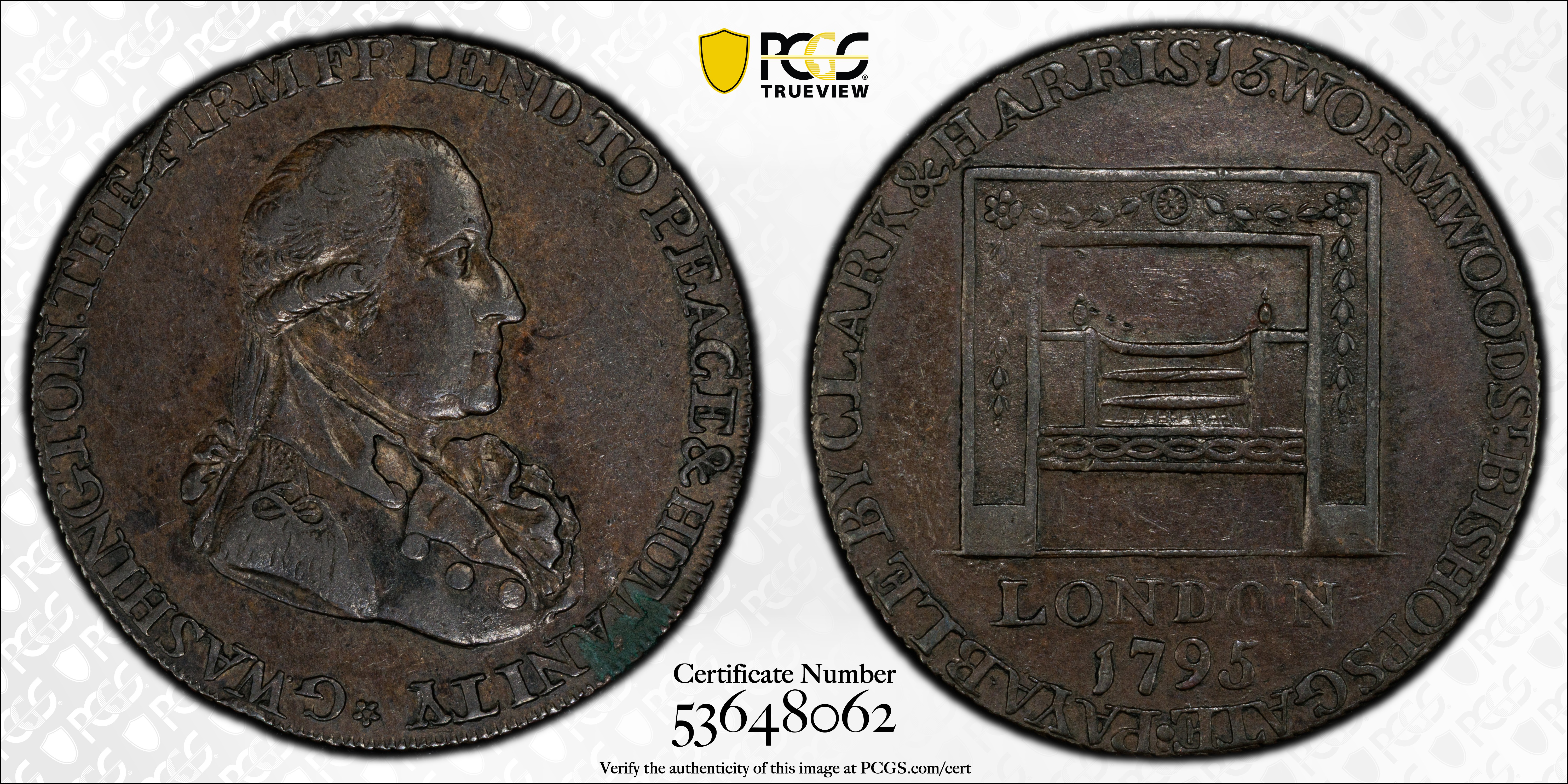image for: 1795 Washington Grate Halfpenny. Musante GW-49, Baker-29B, W-10955. Large Buttons. Copper. Reeded Edge. AU-50 (PCGS).