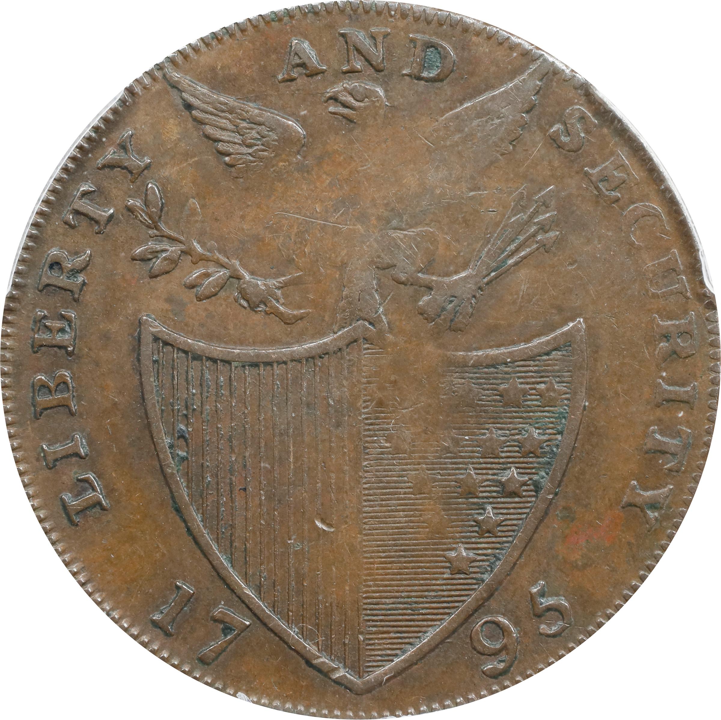 image for: 1795 Washington Liberty and Security Halfpenny. Musante GW-48, Baker-31, W-11015. Copper. LONDON Edge. AU-50 (PCGS).