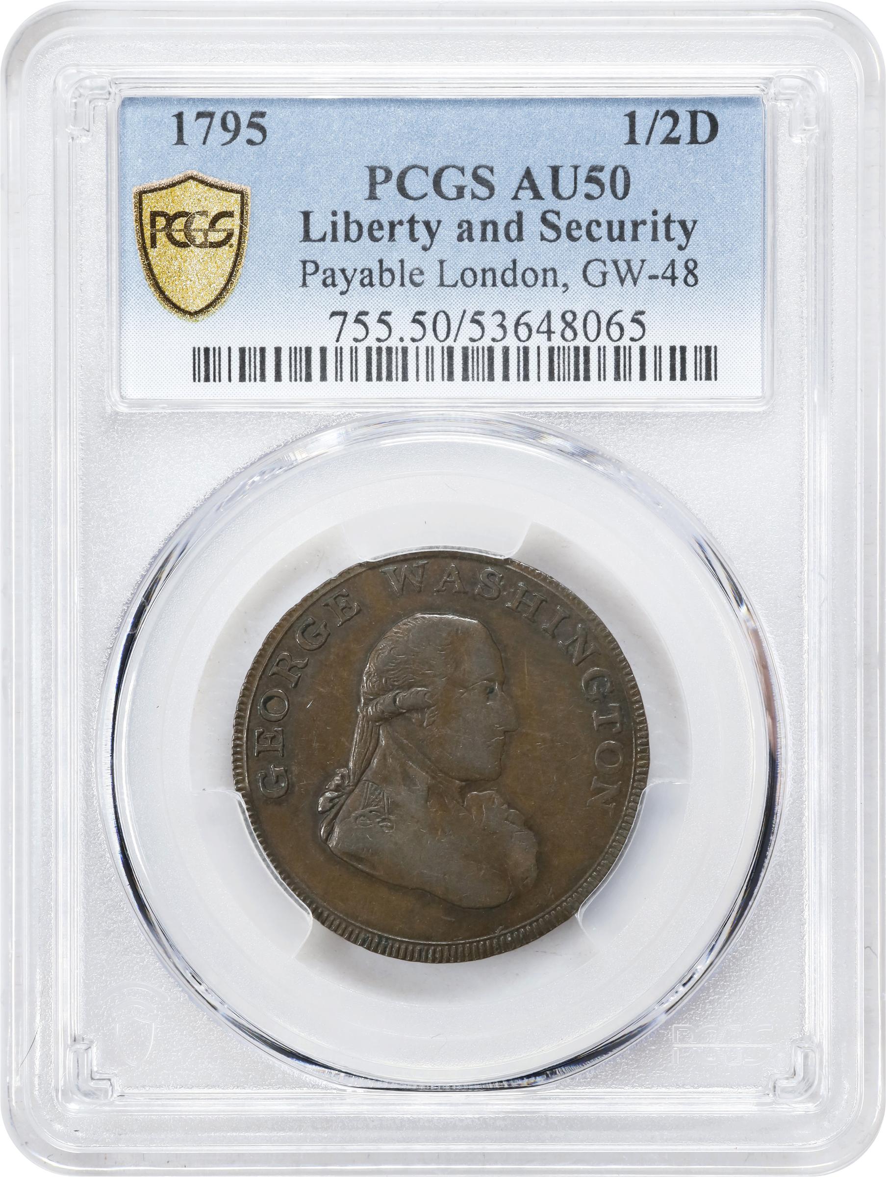 image for: 1795 Washington Liberty and Security Halfpenny. Musante GW-48, Baker-31, W-11015. Copper. LONDON Edge. AU-50 (PCGS).