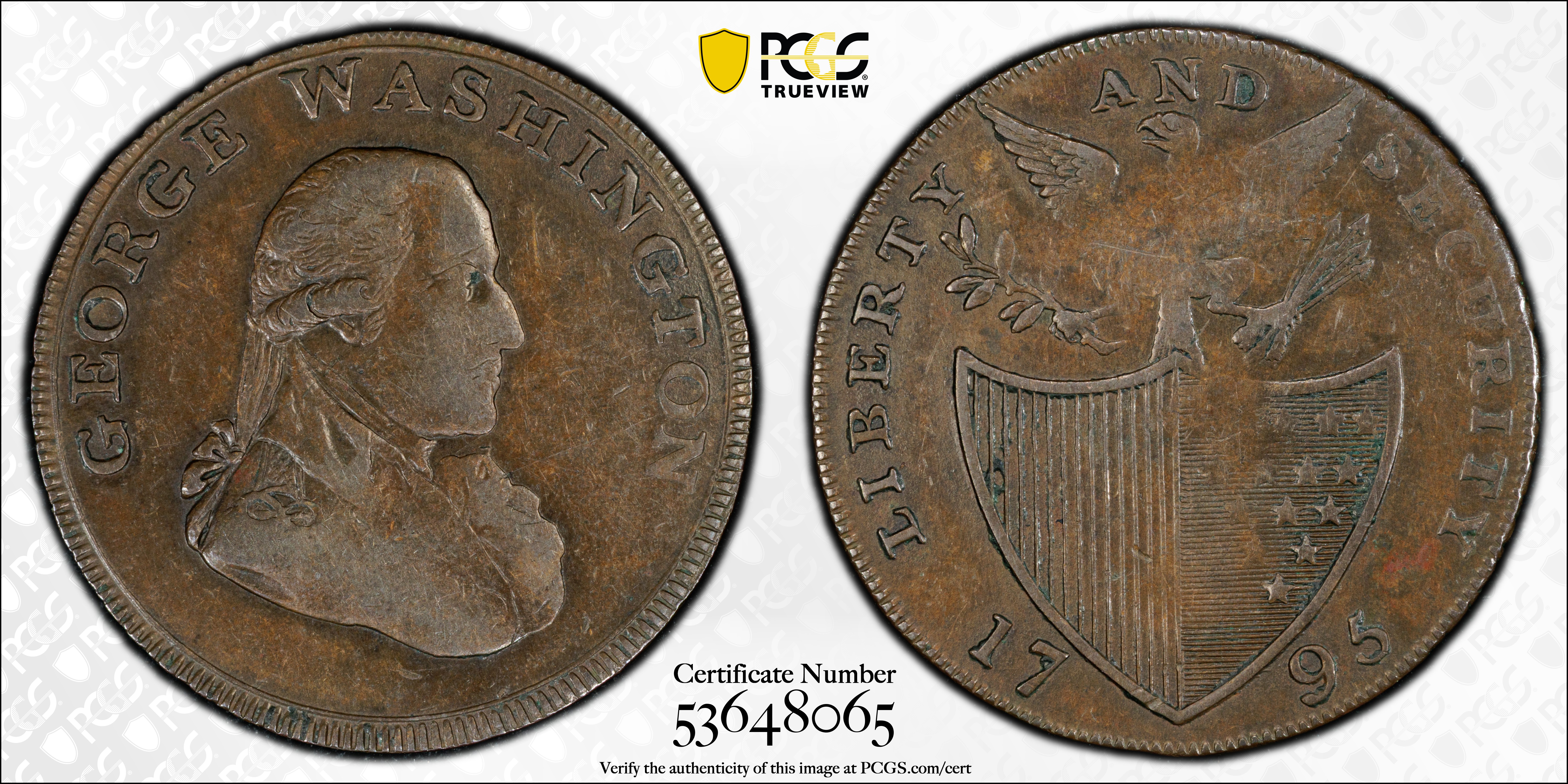 image for: 1795 Washington Liberty and Security Halfpenny. Musante GW-48, Baker-31, W-11015. Copper. LONDON Edge. AU-50 (PCGS).