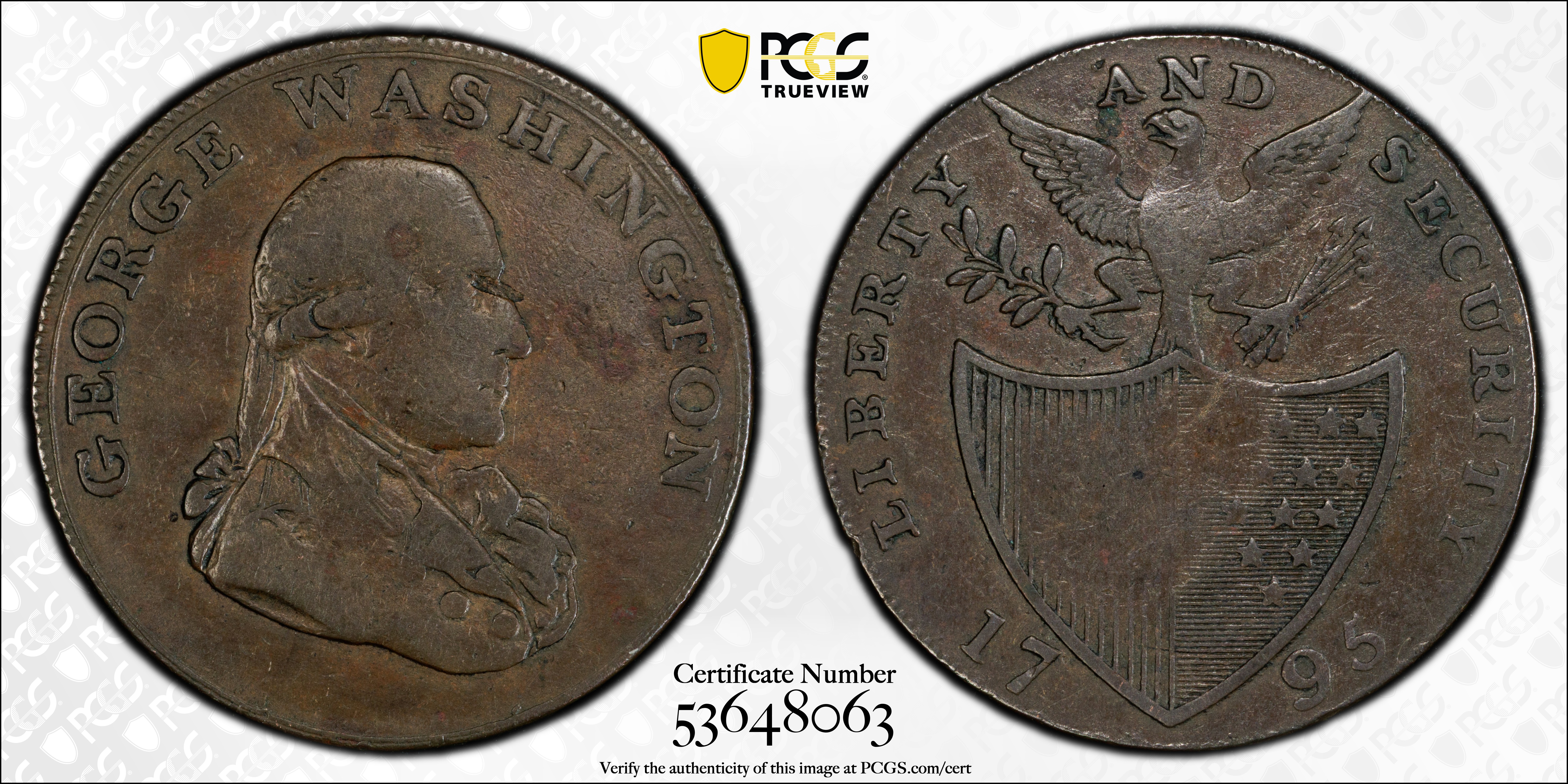image for: 1795 Washington Liberty and Security Halfpenny. Musante GW-48, Baker-31B, W-11010. Copper. BIRMINGHAM Edge. EF-40 (PCGS).