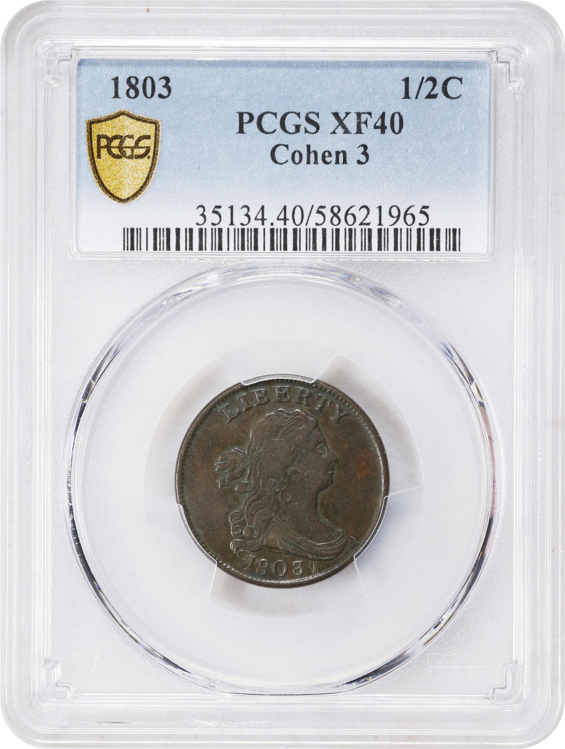 image for: 1803 Draped Bust Half Cent. C-3. Rarity-1. Widely Spaced 3. EF-40 (PCGS).