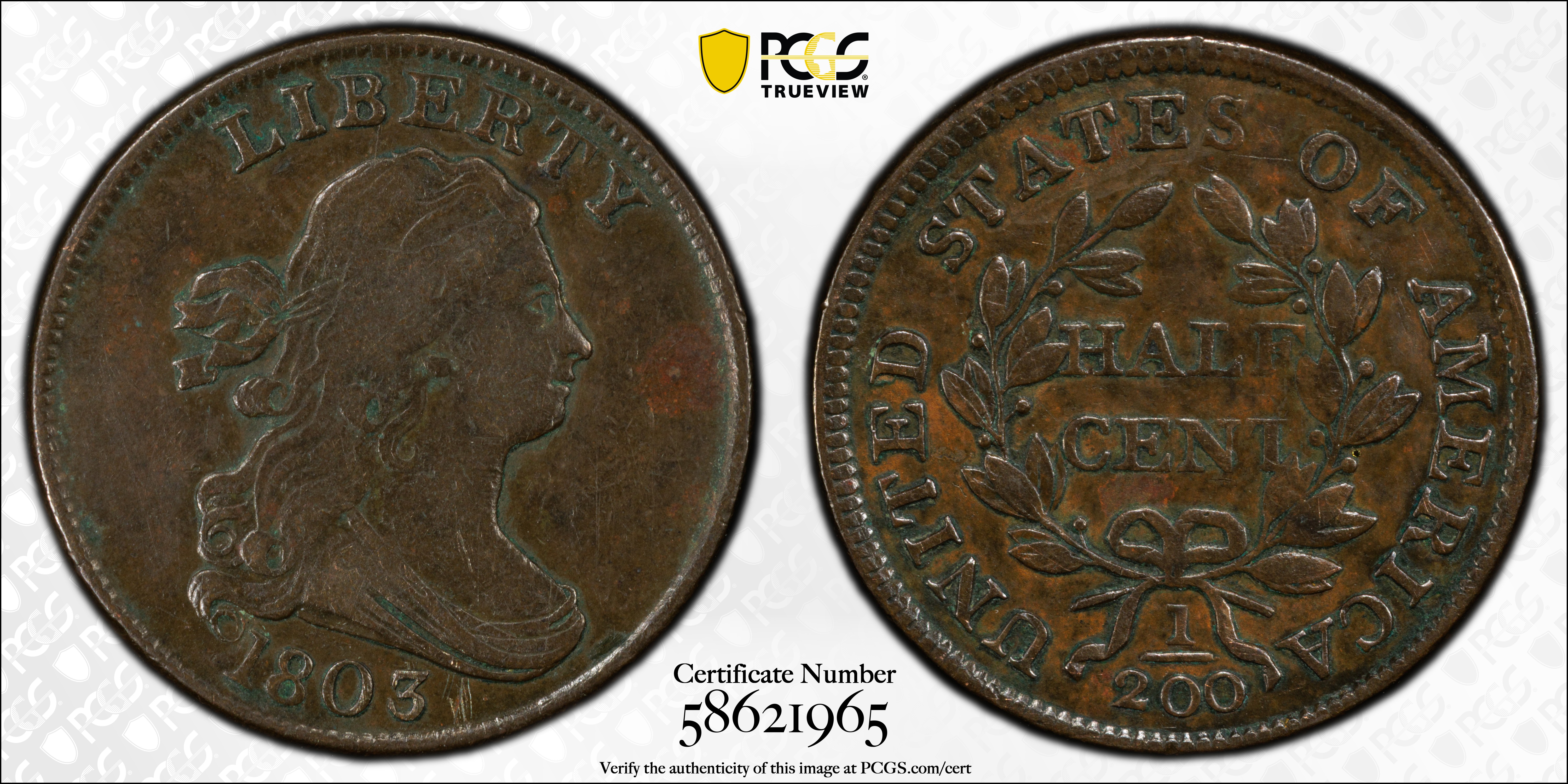 image for: 1803 Draped Bust Half Cent. C-3. Rarity-1. Widely Spaced 3. EF-40 (PCGS).