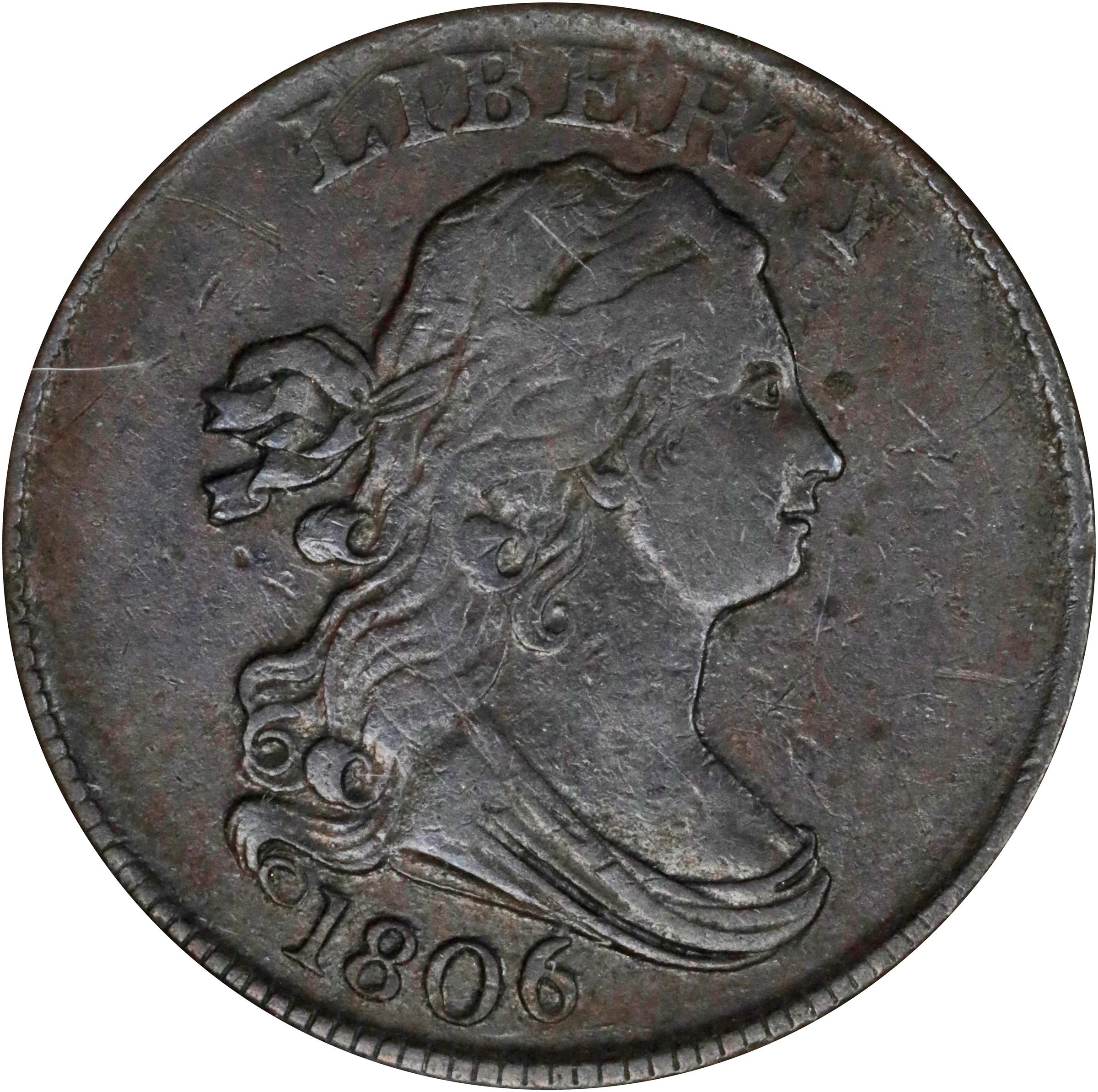 image for: 1806 Draped Bust Half Cent. C-1. Rarity-1. Small 6, Stemless Wreath. VF-30 (ANACS). OH.