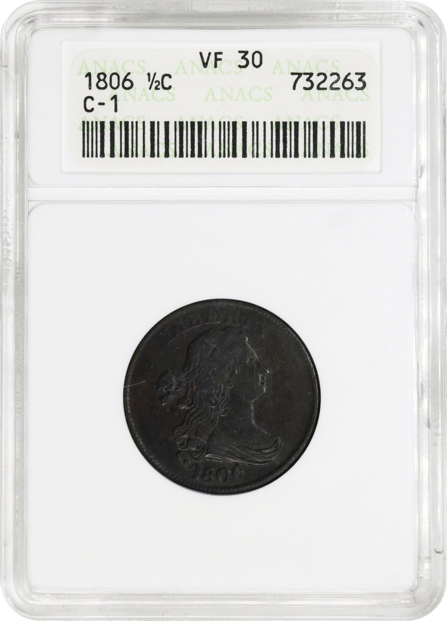 image for: 1806 Draped Bust Half Cent. C-1. Rarity-1. Small 6, Stemless Wreath. VF-30 (ANACS). OH.