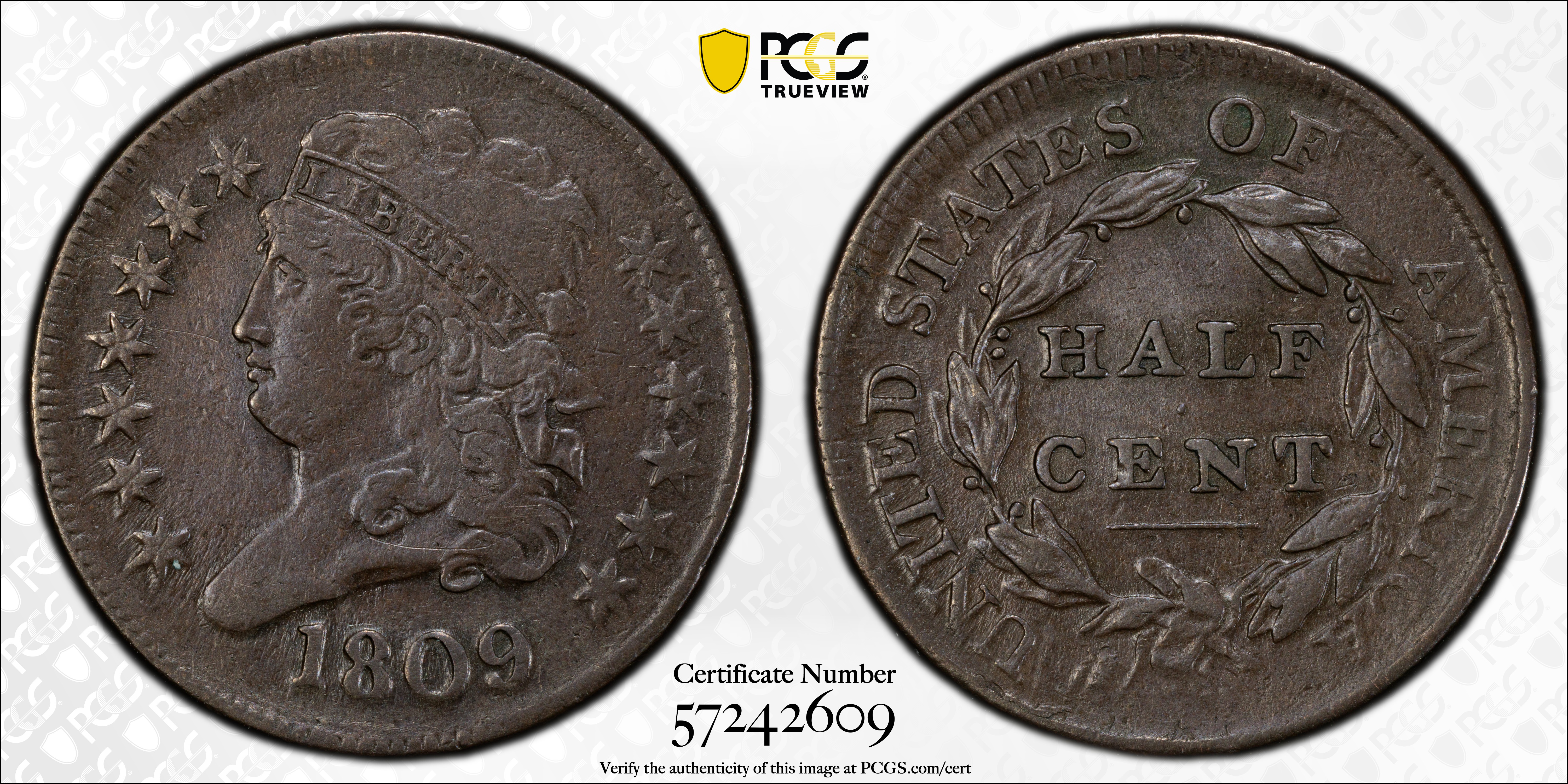 image for: 1809 Classic Head Half Cent. C-4. Rarity-2. Small o Inside 0. EF-40 (PCGS).