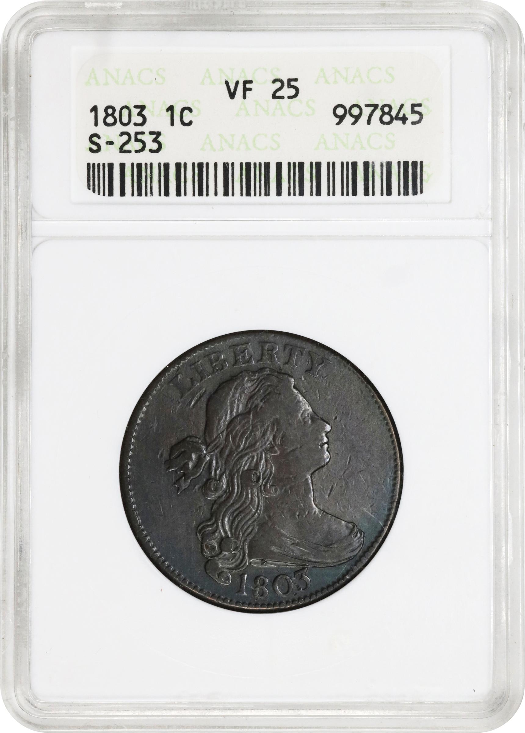 image for: 1803 Draped Bust Cent. S-253, B-12. Rarity-2. Small Date, Small Fraction. VF-25 (ANACS). OH.