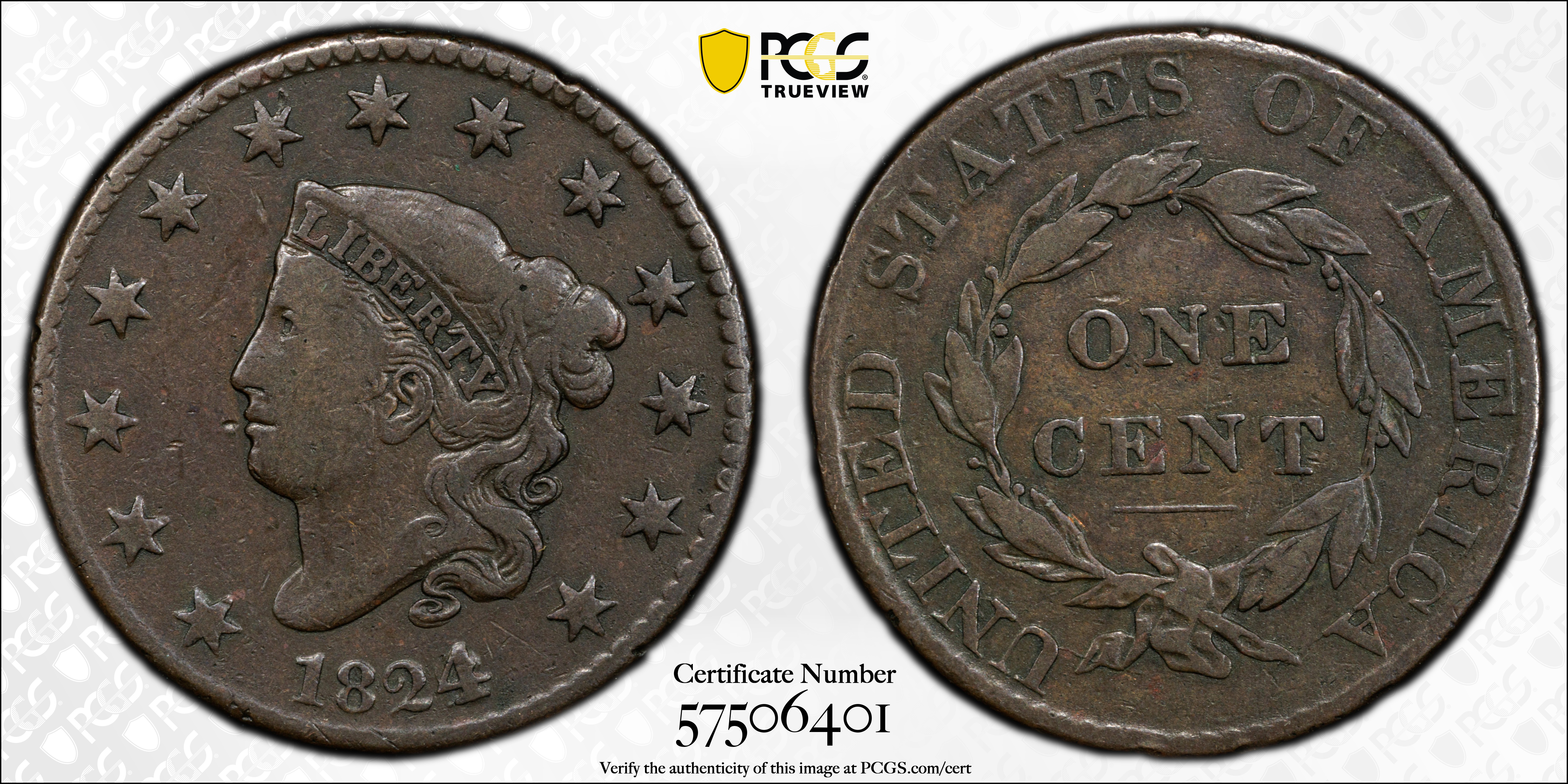 image for: 1824/2 Matron Head Cent. N-1. Rarity-1. Fine-15 (PCGS).