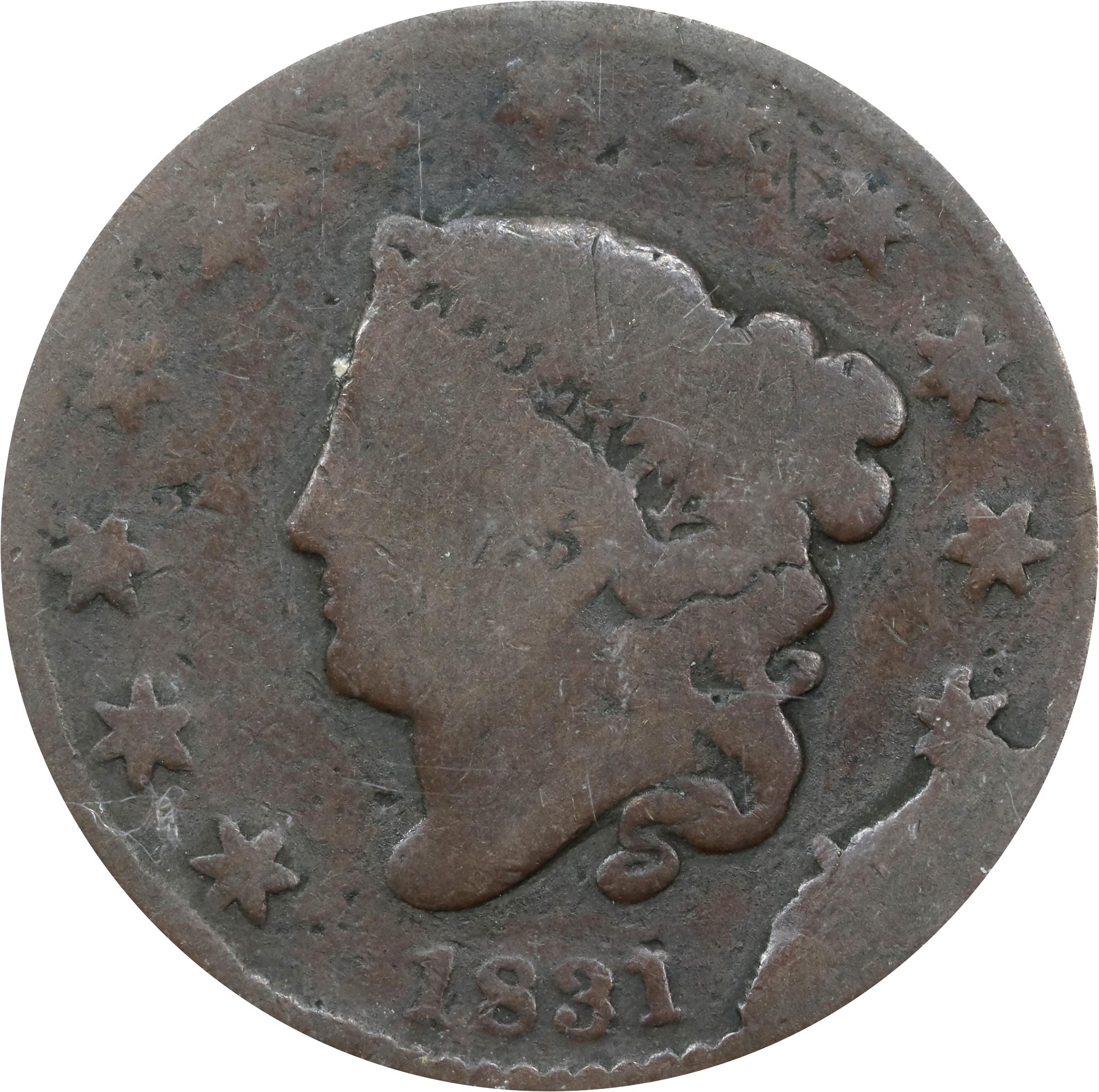image for: 1831 Matron Head Cent. N-12. Rarity-1. Large Letters. Good-4 (PCGS).
