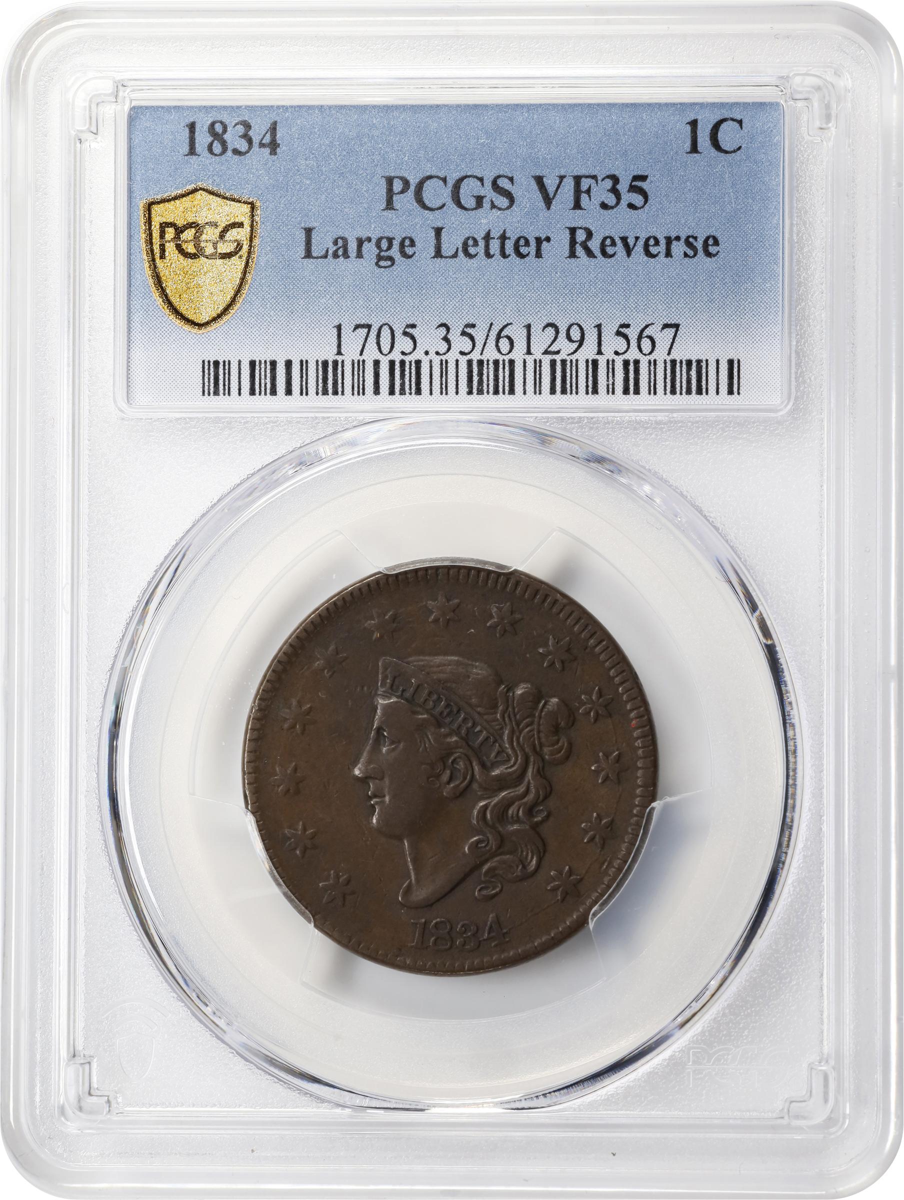 image for: 1834 Matron Head Cent. N-6. Rarity-3. Large 8, Stars and Reverse Letters. VF-35 (PCGS).
