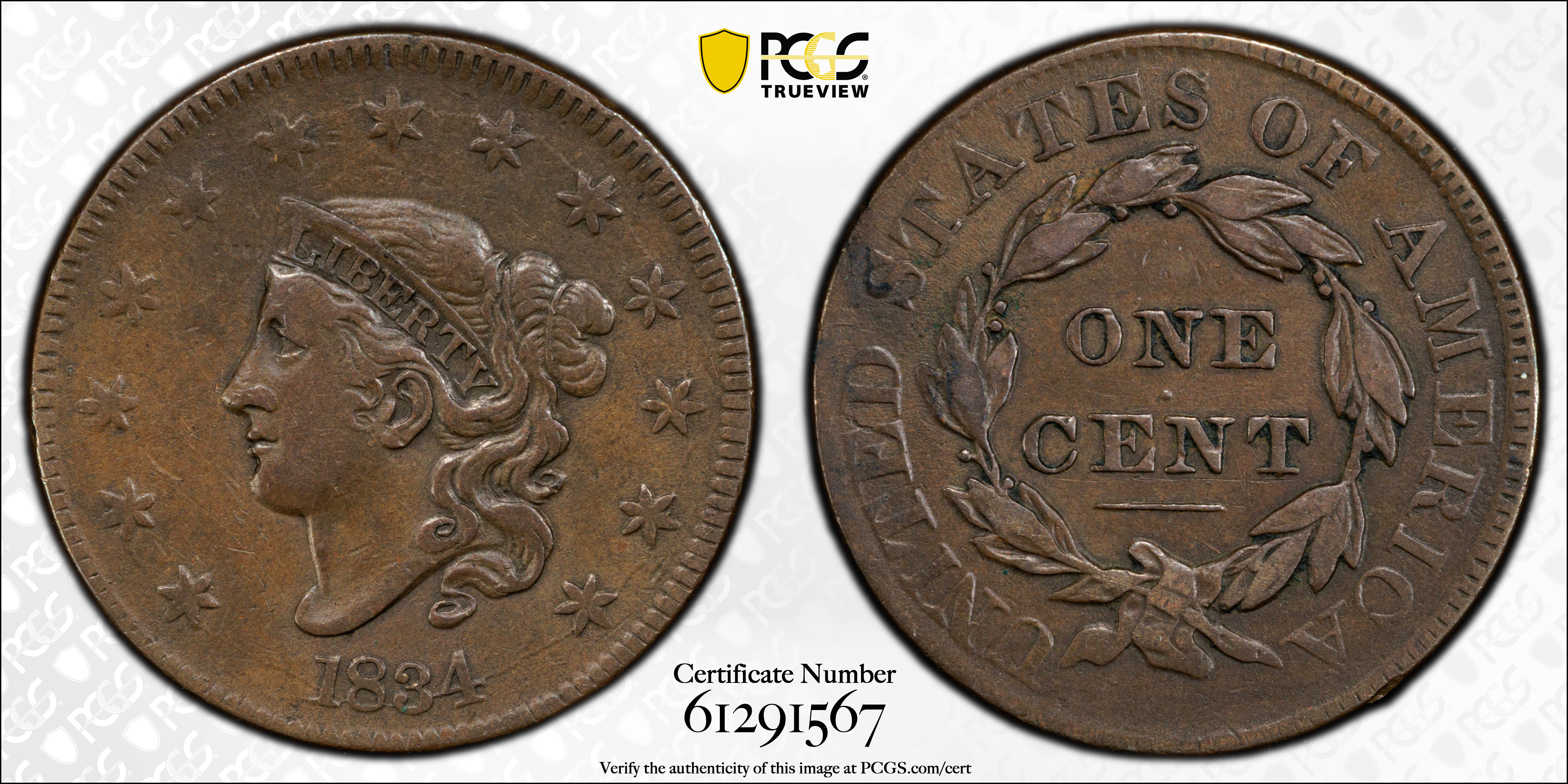 image for: 1834 Matron Head Cent. N-6. Rarity-3. Large 8, Stars and Reverse Letters. VF-35 (PCGS).