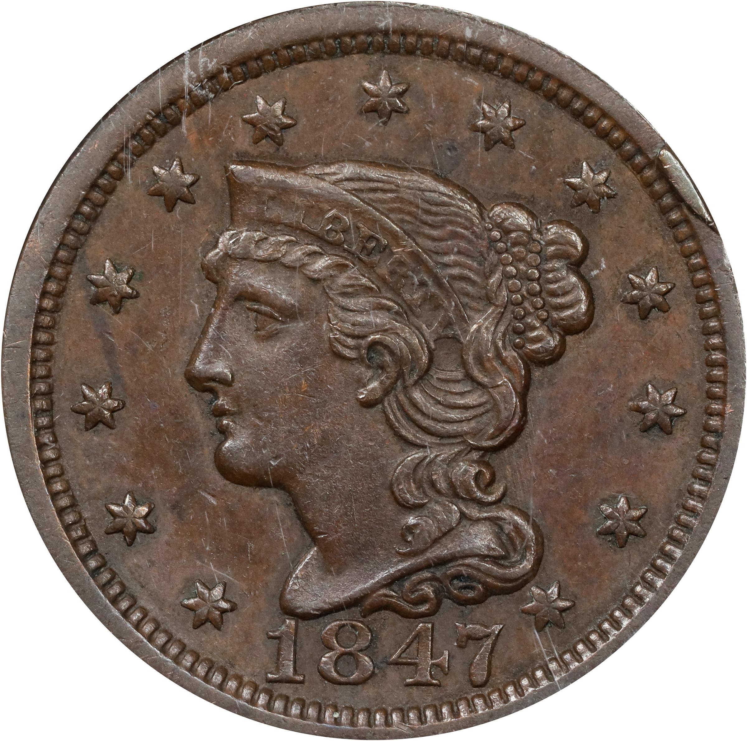 image for: 1847 Braided Hair Cent. N-12. Rarity-3+. MS-62 BN (NGC).