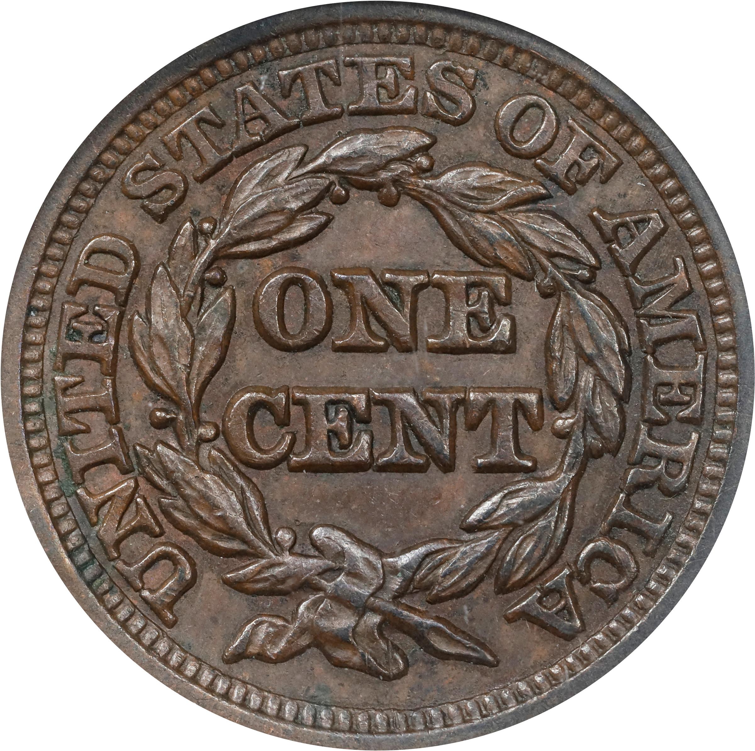 image for: 1847 Braided Hair Cent. N-12. Rarity-3+. MS-62 BN (NGC).
