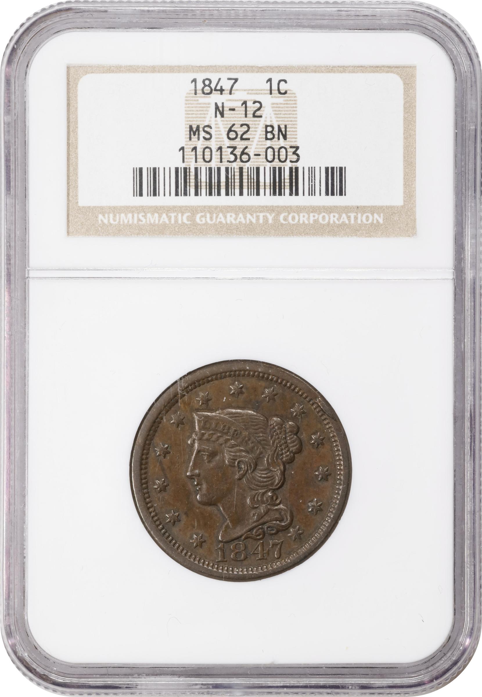 image for: 1847 Braided Hair Cent. N-12. Rarity-3+. MS-62 BN (NGC).