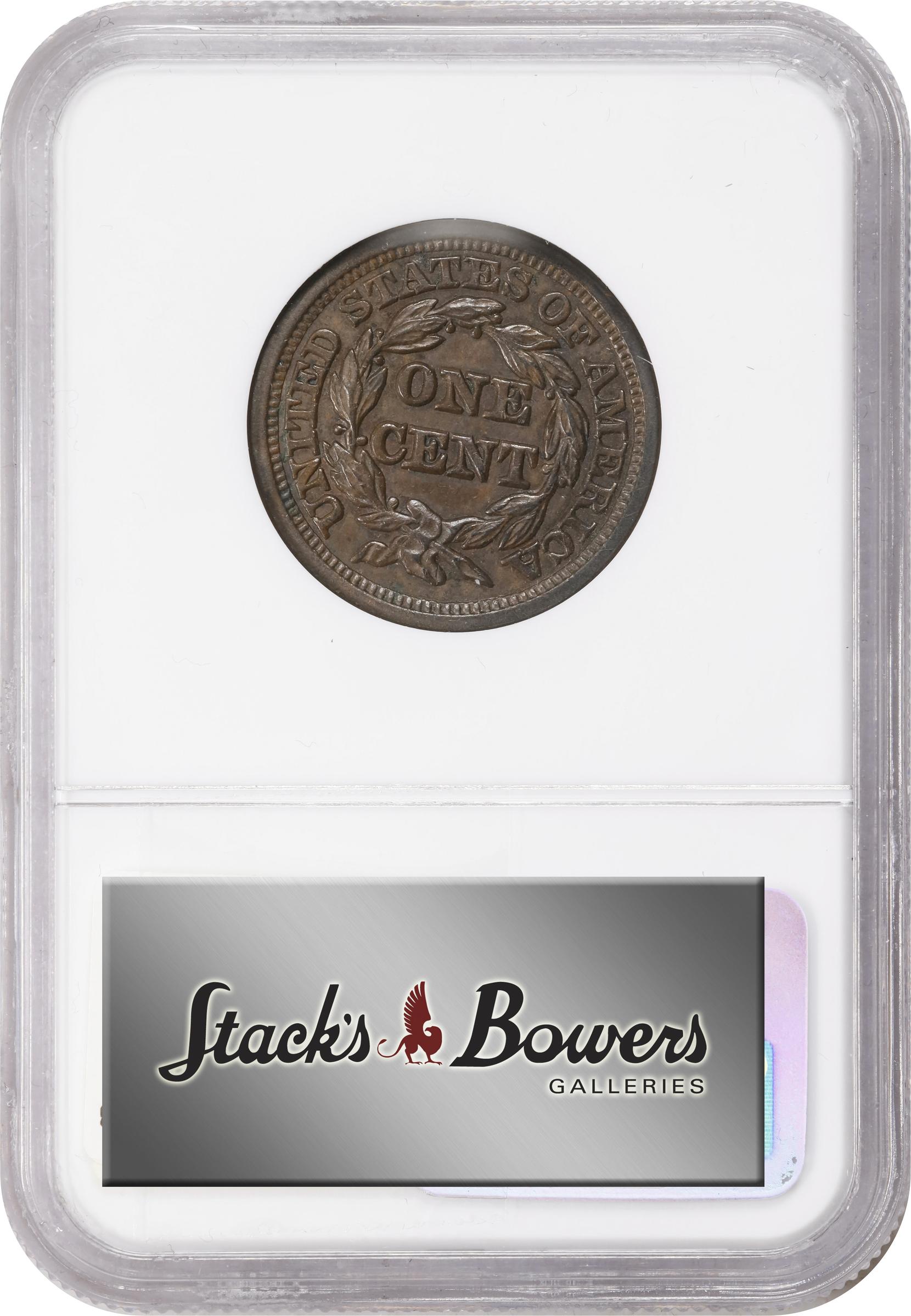 image for: 1847 Braided Hair Cent. N-12. Rarity-3+. MS-62 BN (NGC).
