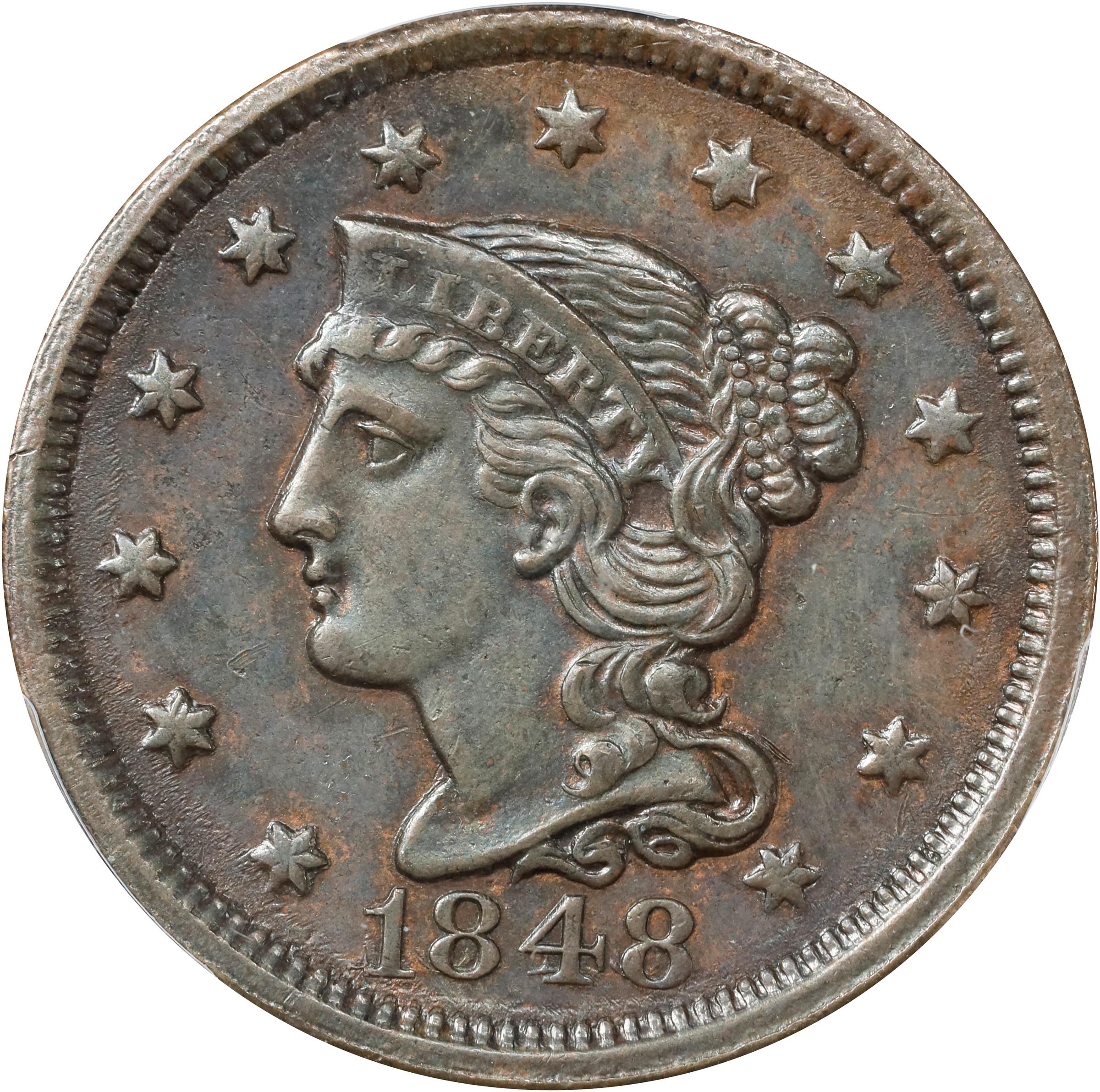 image for: 1848 Braided Hair Cent. N-4. Rarity-4. AU-55 (PCGS).