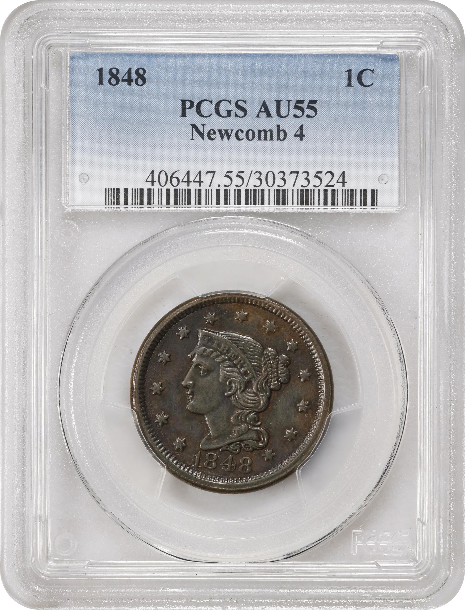 image for: 1848 Braided Hair Cent. N-4. Rarity-4. AU-55 (PCGS).