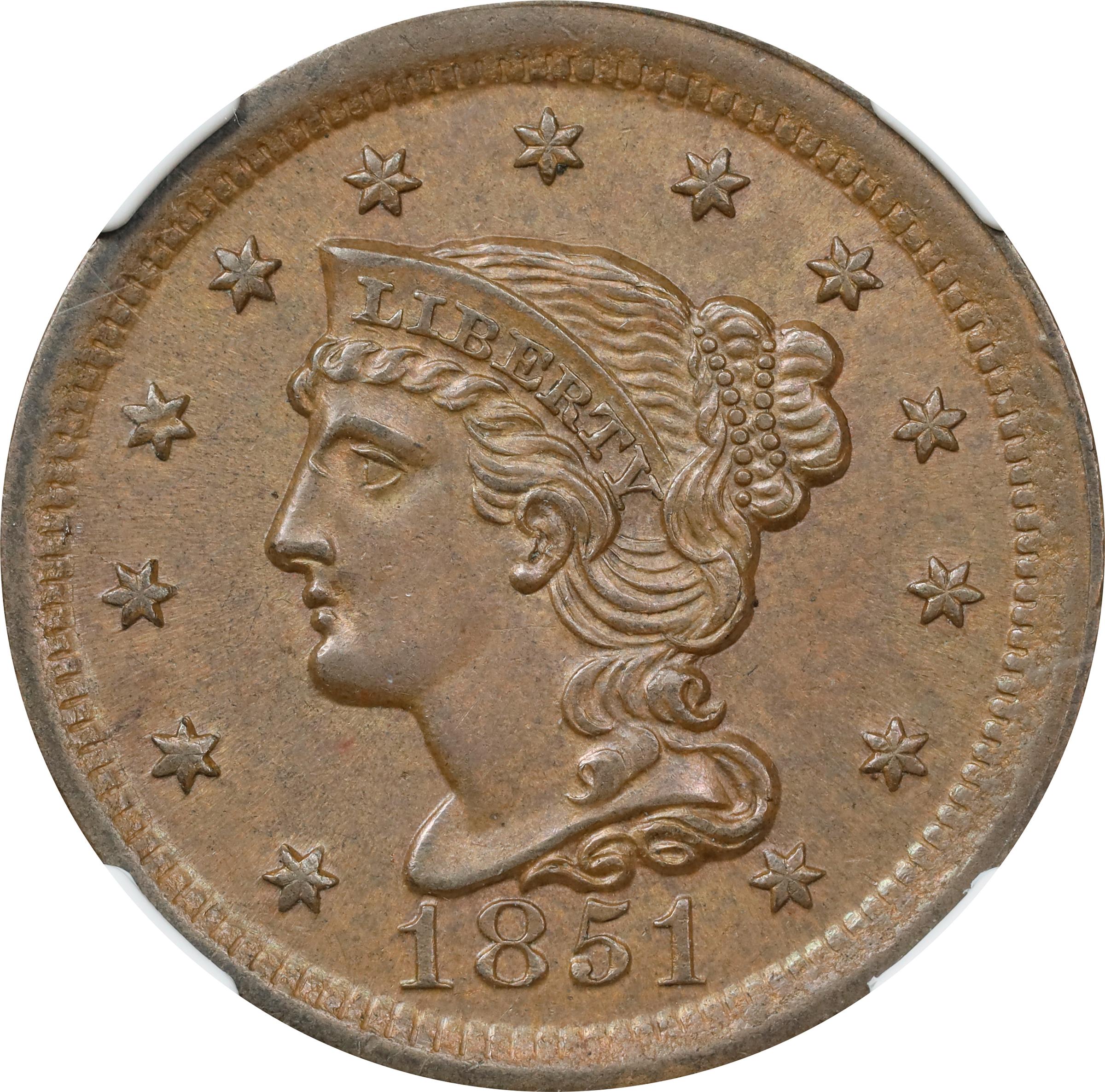 image for: 1851 Braided Hair Cent. N-30. Rarity-2. MS-64 BN (NGC).