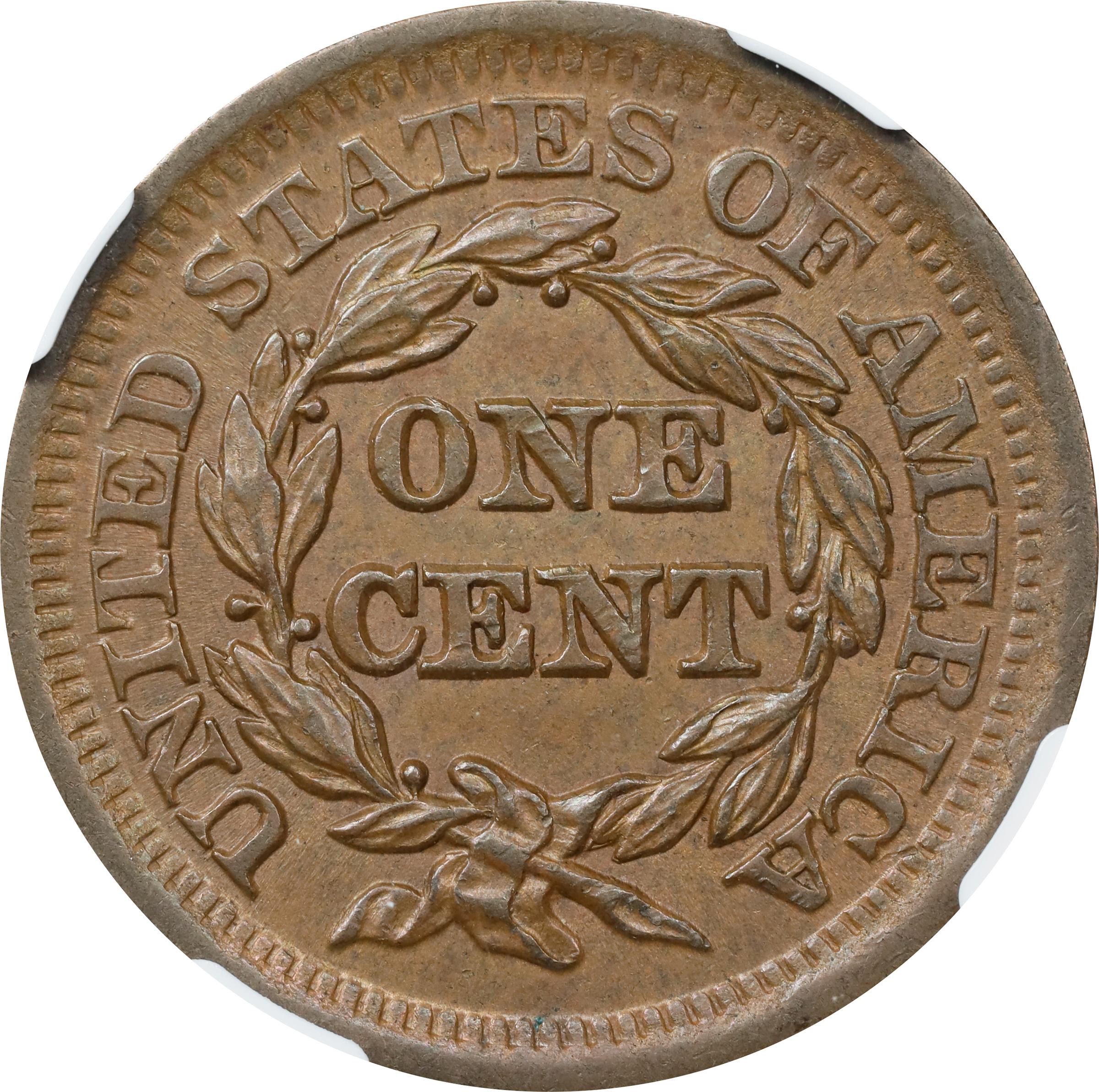 image for: 1851 Braided Hair Cent. N-30. Rarity-2. MS-64 BN (NGC).