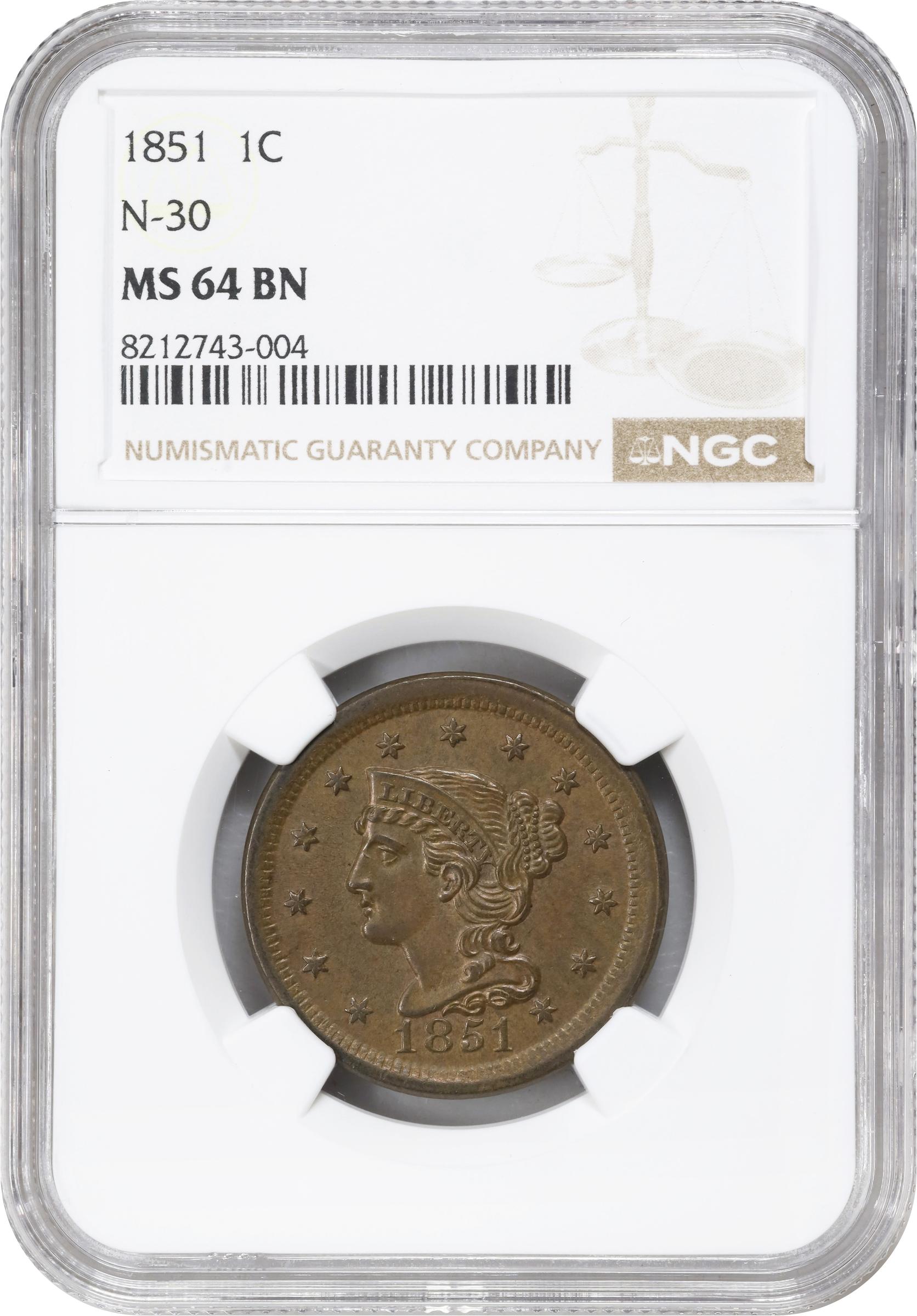 image for: 1851 Braided Hair Cent. N-30. Rarity-2. MS-64 BN (NGC).
