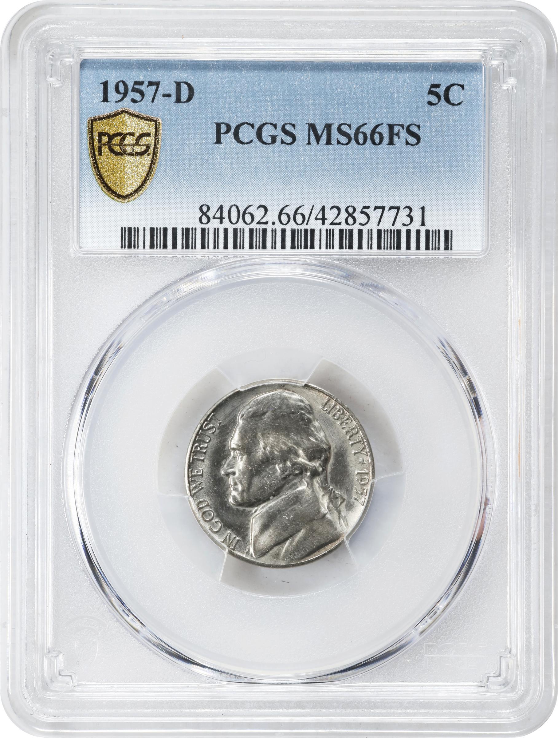 image for: 1957-D Jefferson Nickel. MS-66 FS (PCGS).