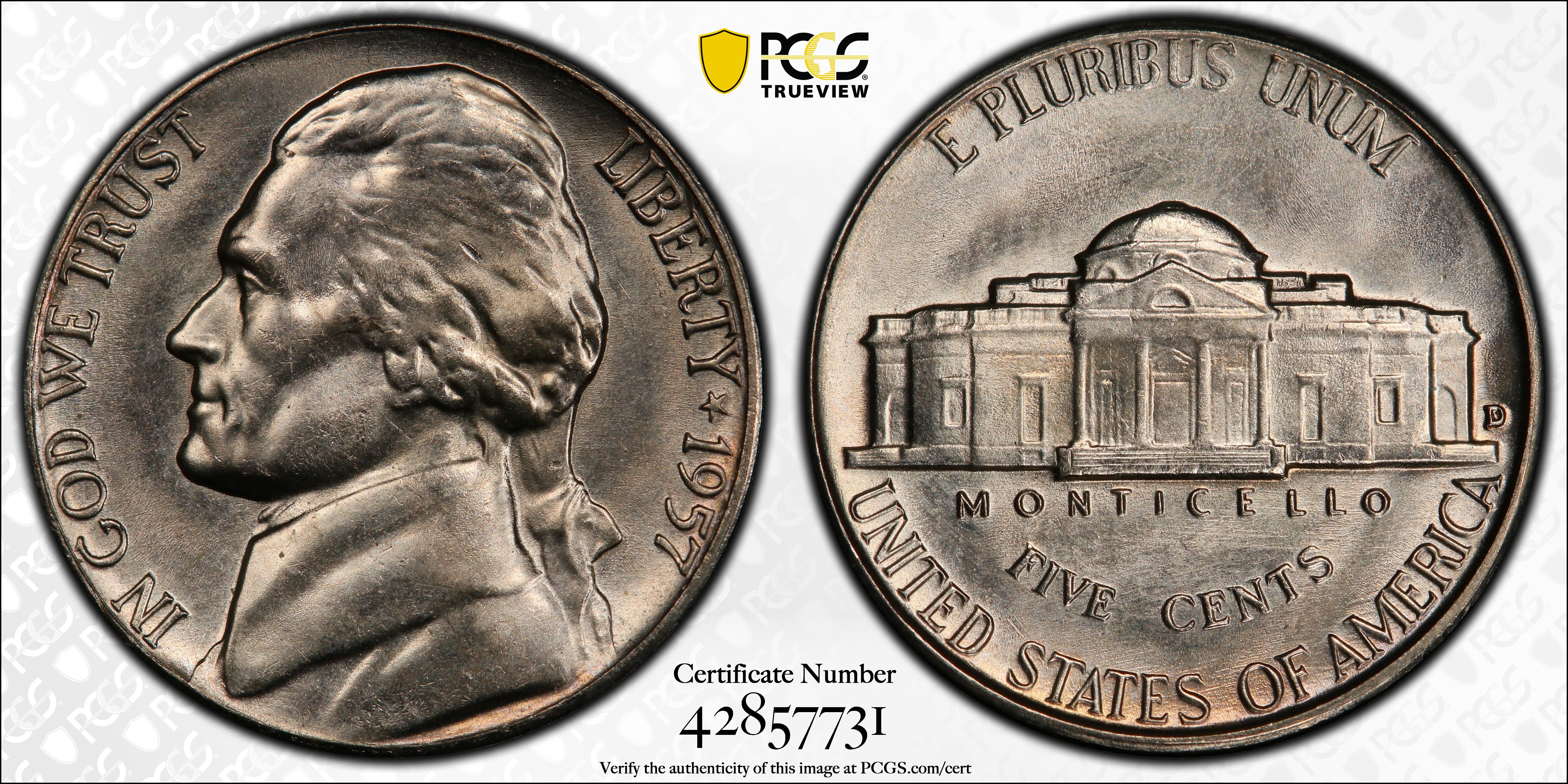 image for: 1957-D Jefferson Nickel. MS-66 FS (PCGS).