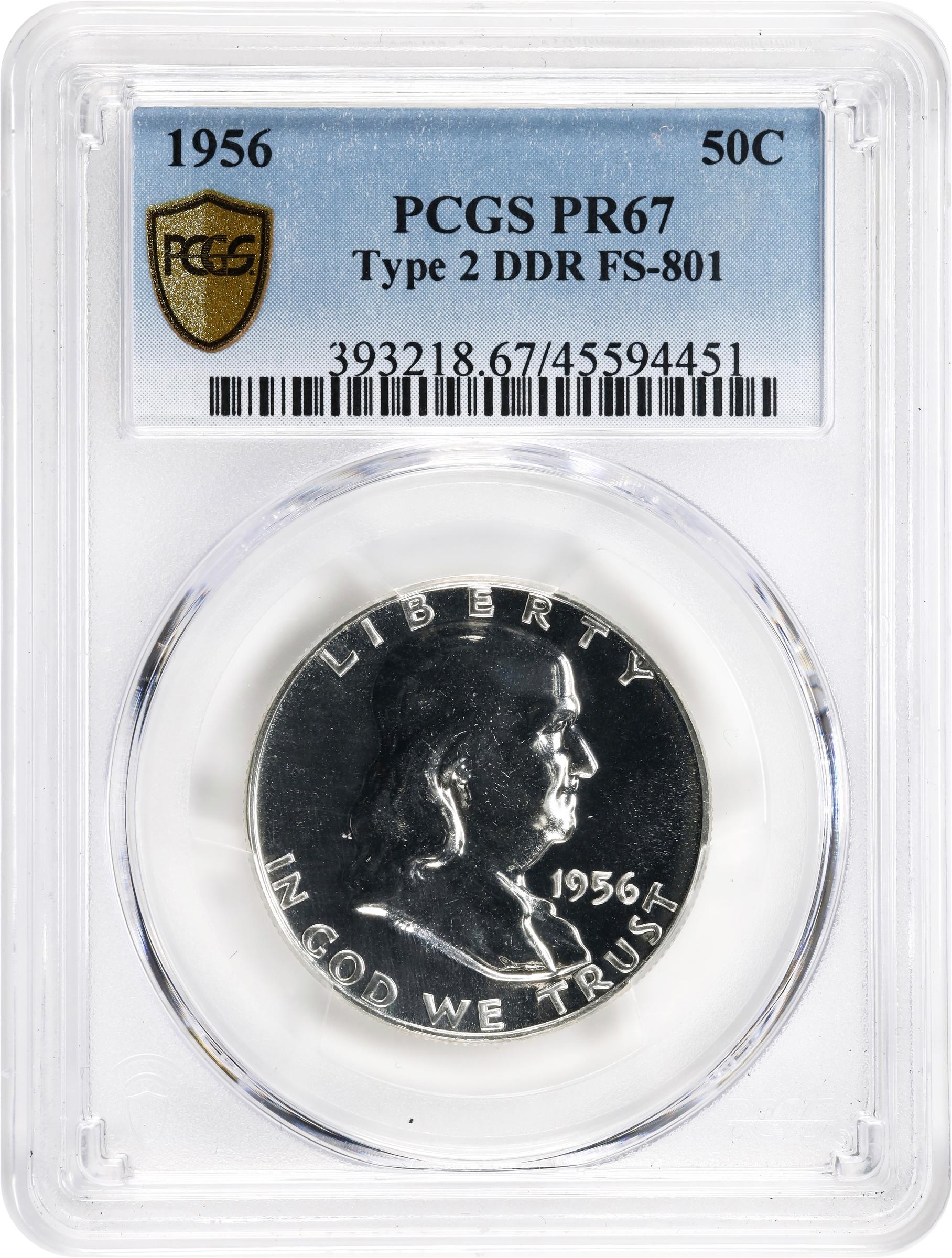 image for: 1956 Franklin Half Dollar. Type II Reverse. FS-801. Doubled Die Reverse. Proof-67 (PCGS).