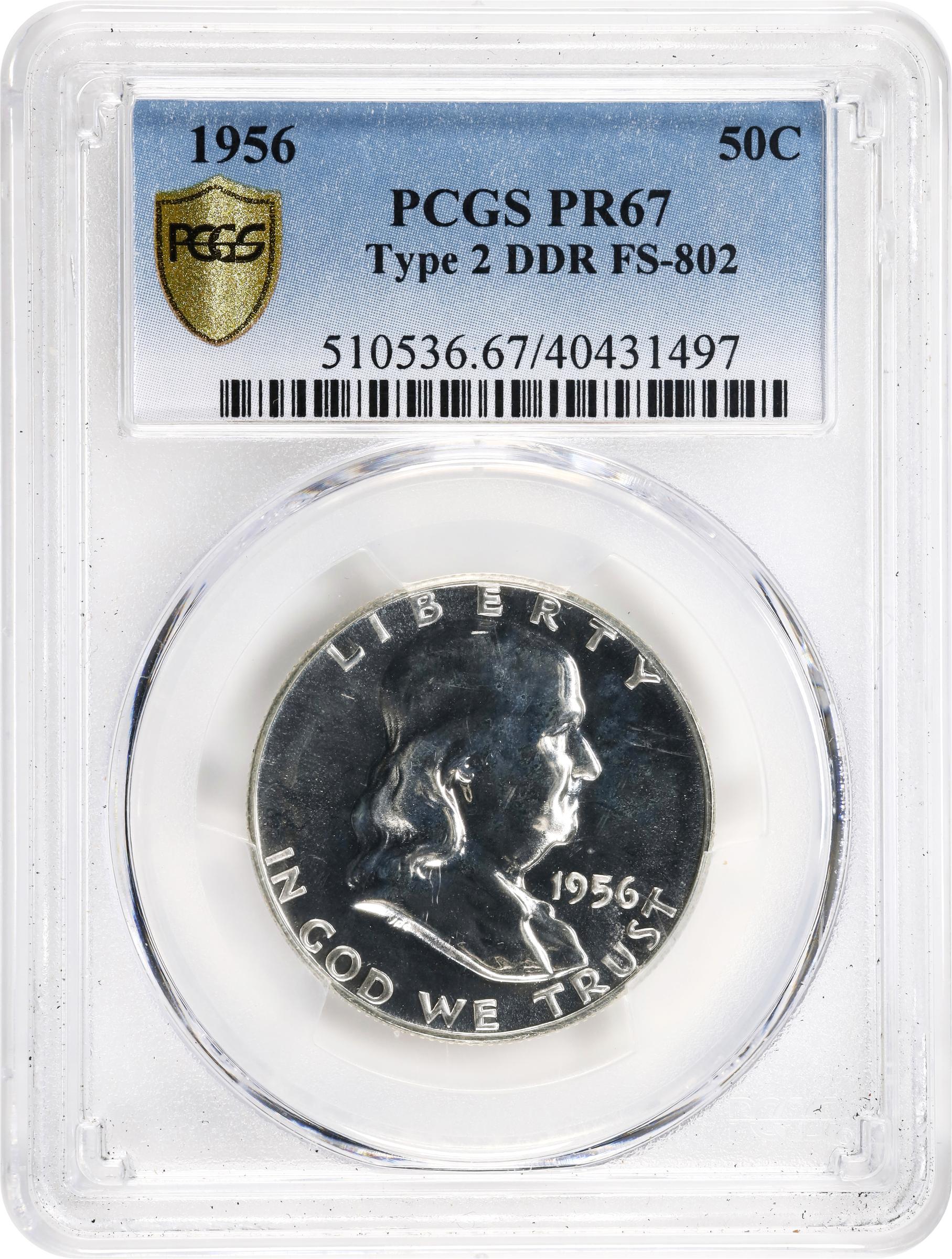 image for: 1956 Franklin Half Dollar. Type II Reverse. FS-802. Doubled Die Reverse. Proof-67 (PCGS).