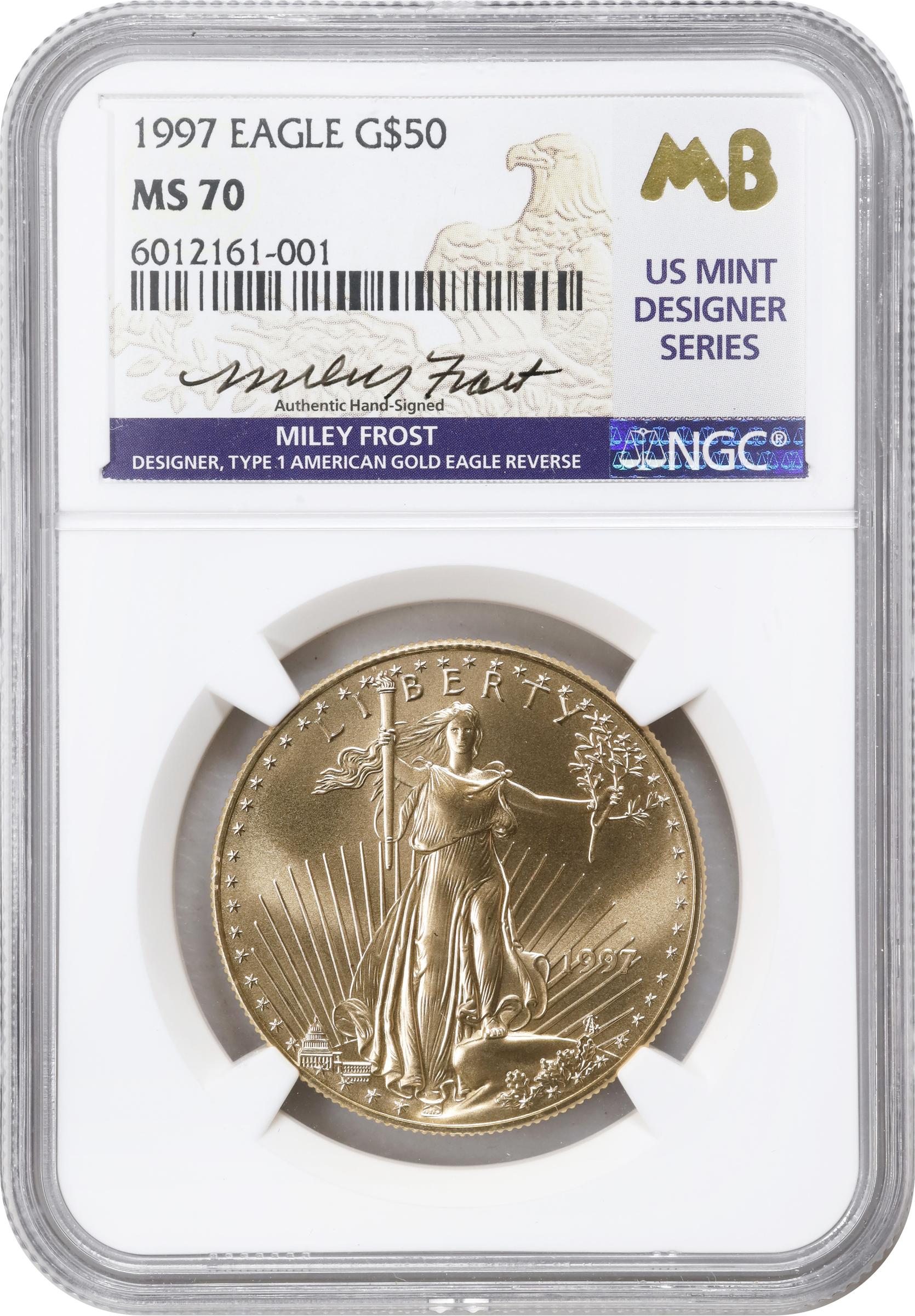 image for: 1997 One-Ounce Gold Eagle. MS-70 (NGC). Reverse Designer Miley Frost Signature.