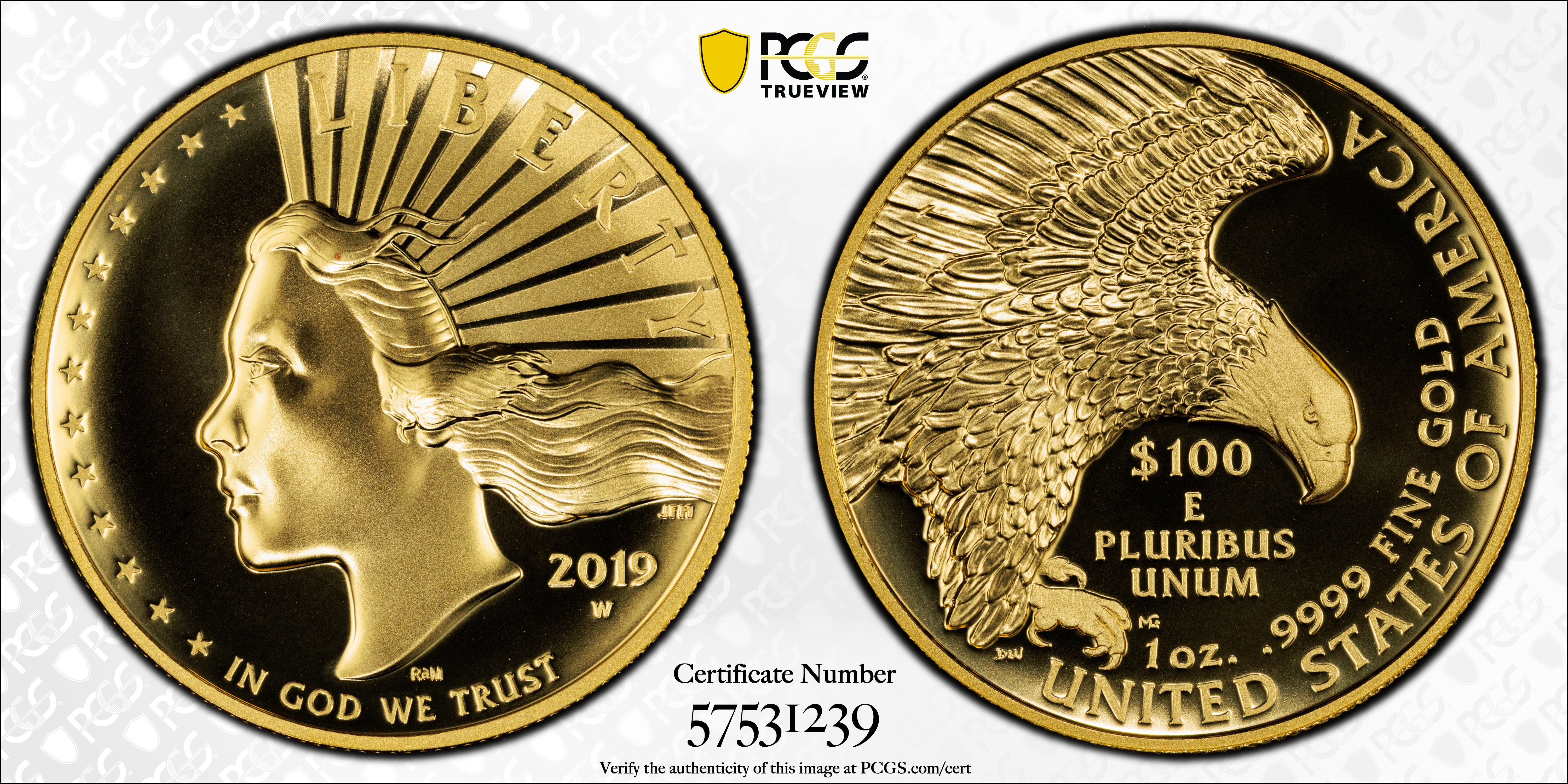 image for: 2019-W American Liberty High Relief $100 Gold Coin. Specimen-70 PL (PCGS).
