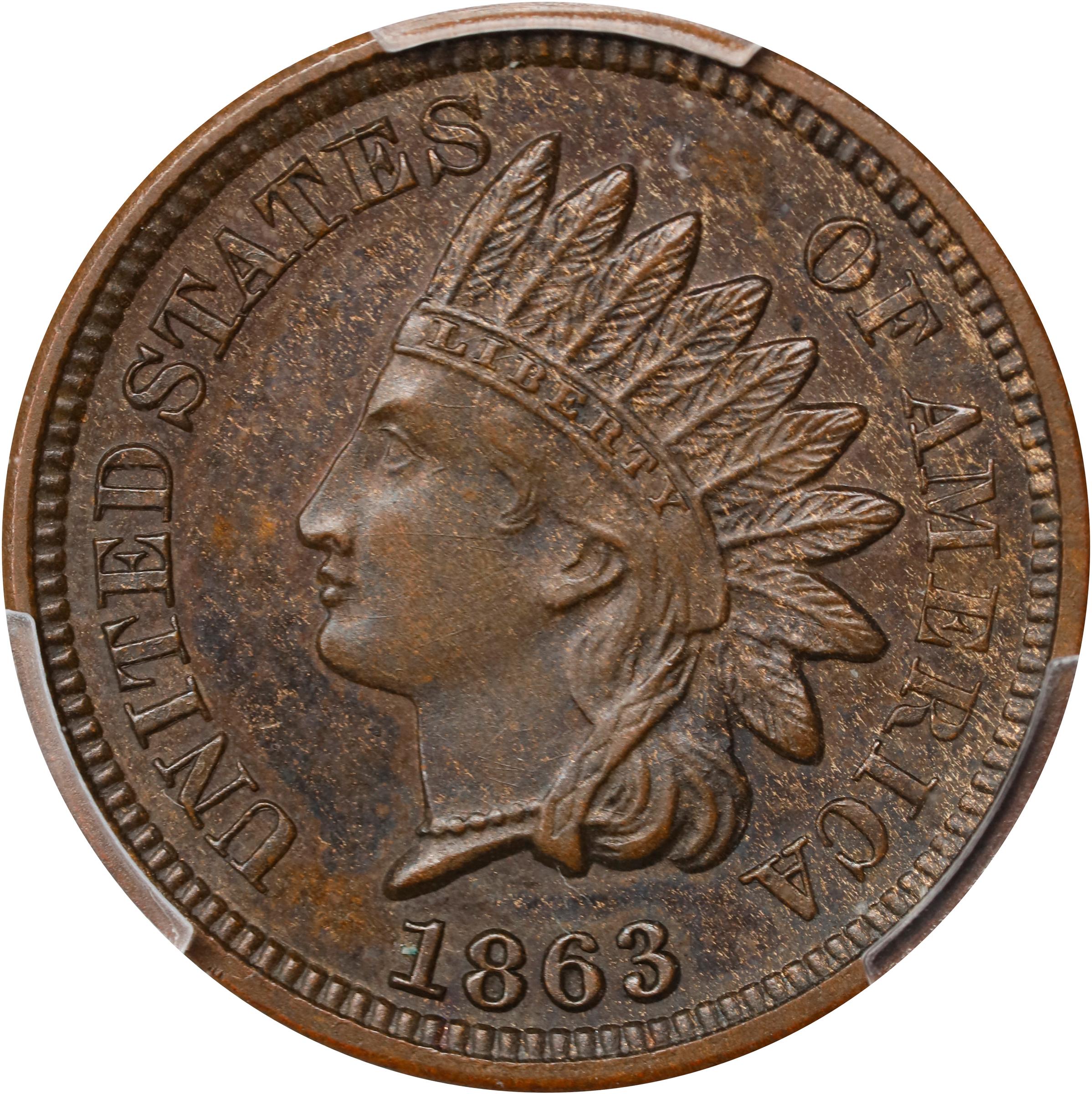 image for: 1863 Experimental Indian Cent. Judd-299, Pollock-359, Snow-PT1a. Rarity-3. Bronze. Plain Edge. Thin Planchet. Proof-64 BN (PCGS).