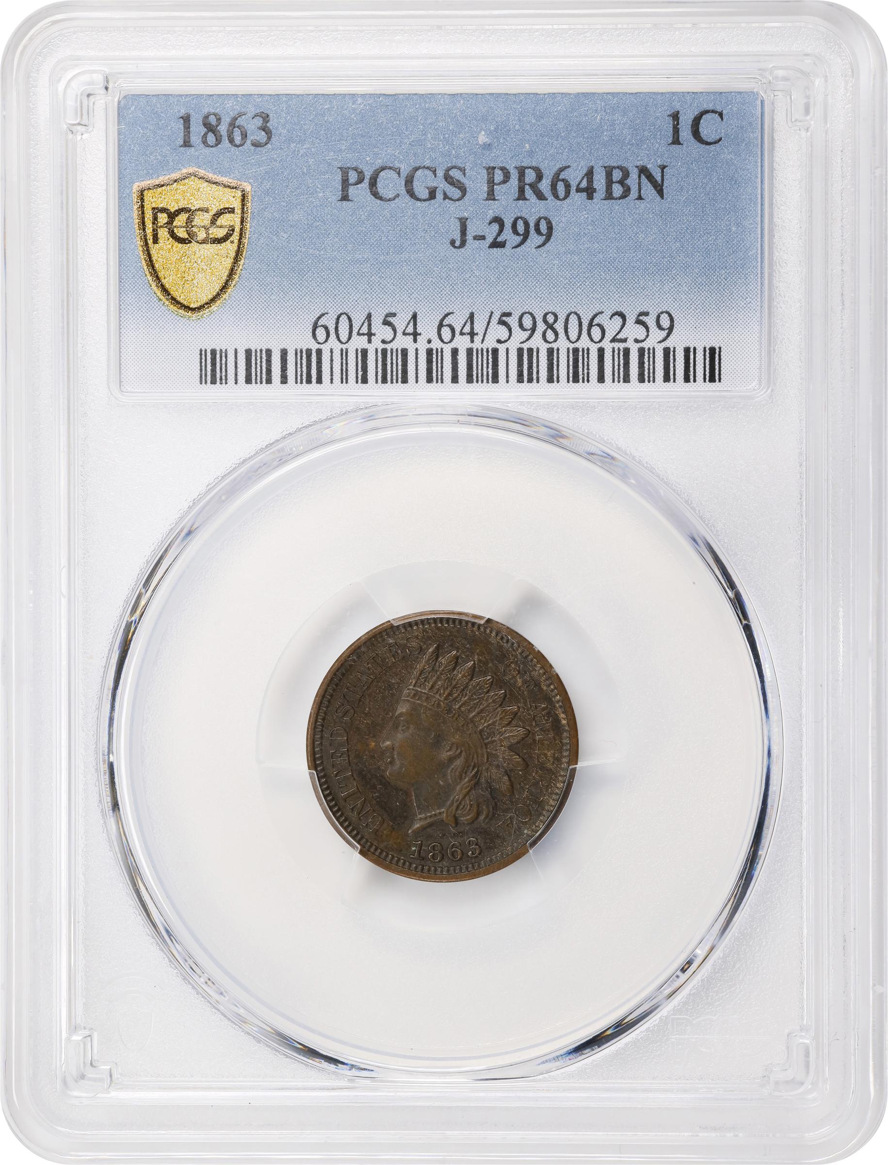 image for: 1863 Experimental Indian Cent. Judd-299, Pollock-359, Snow-PT1a. Rarity-3. Bronze. Plain Edge. Thin Planchet. Proof-64 BN (PCGS).