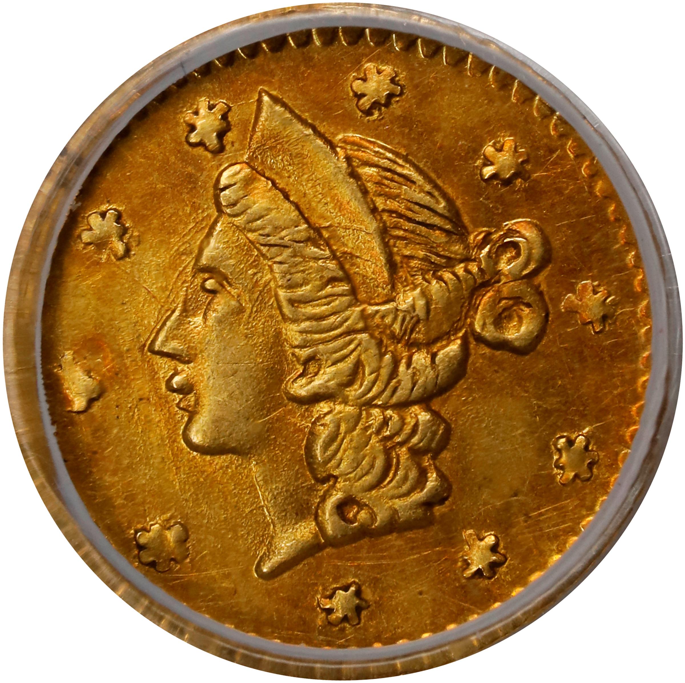 image for: Undated (1853) Round 25 Cents. BG-206. Rarity-4+. Liberty Head. AU-58 (PCGS).