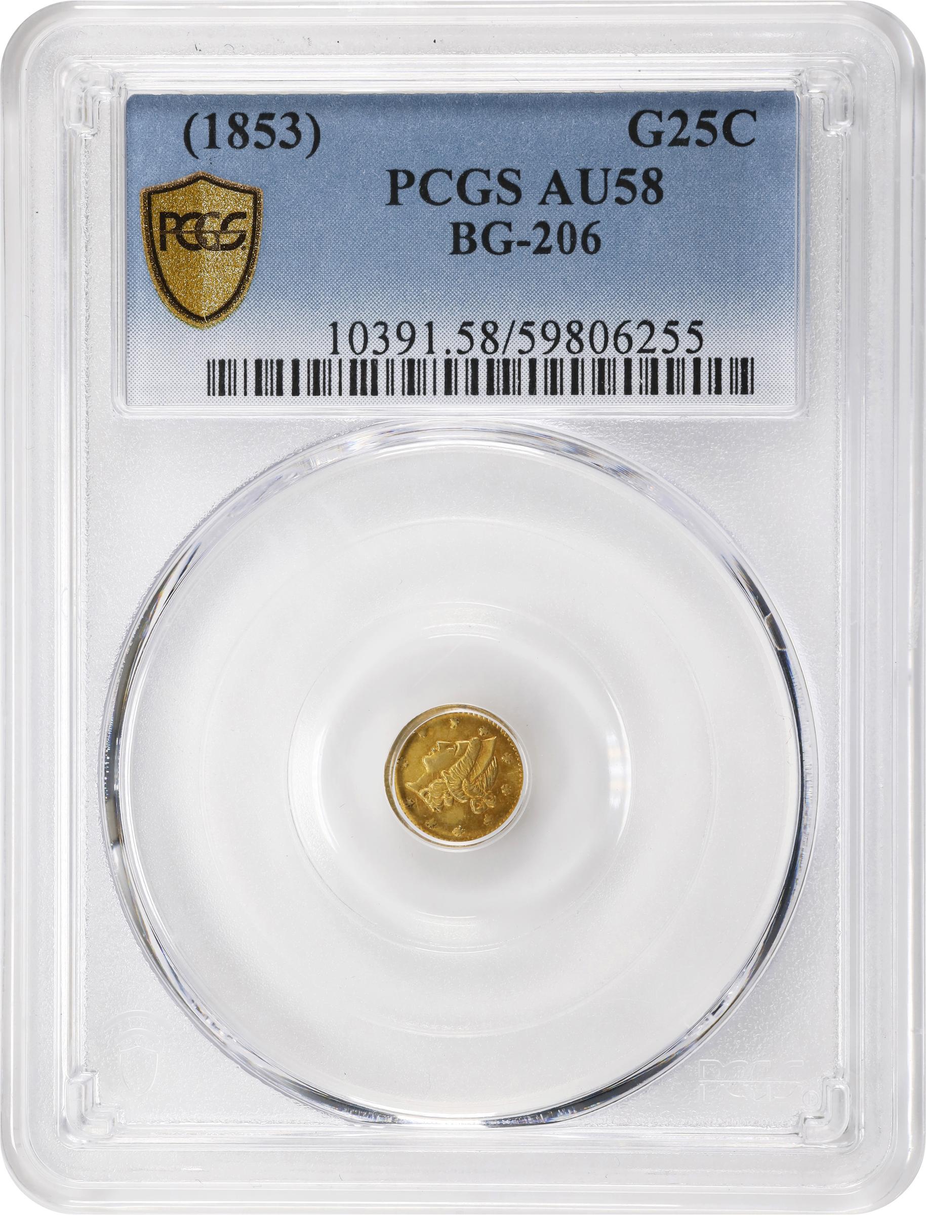 image for: Undated (1853) Round 25 Cents. BG-206. Rarity-4+. Liberty Head. AU-58 (PCGS).