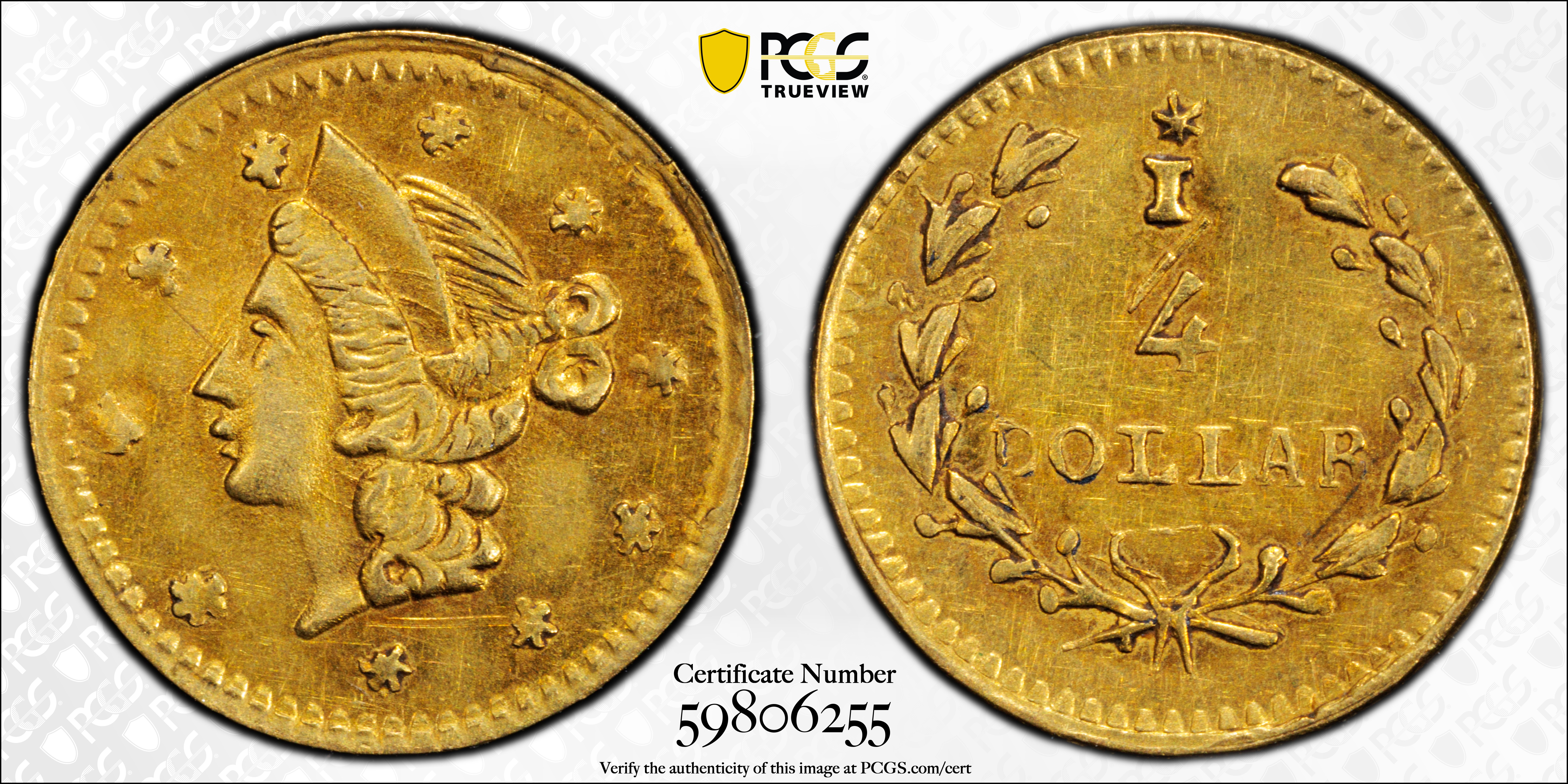 image for: Undated (1853) Round 25 Cents. BG-206. Rarity-4+. Liberty Head. AU-58 (PCGS).