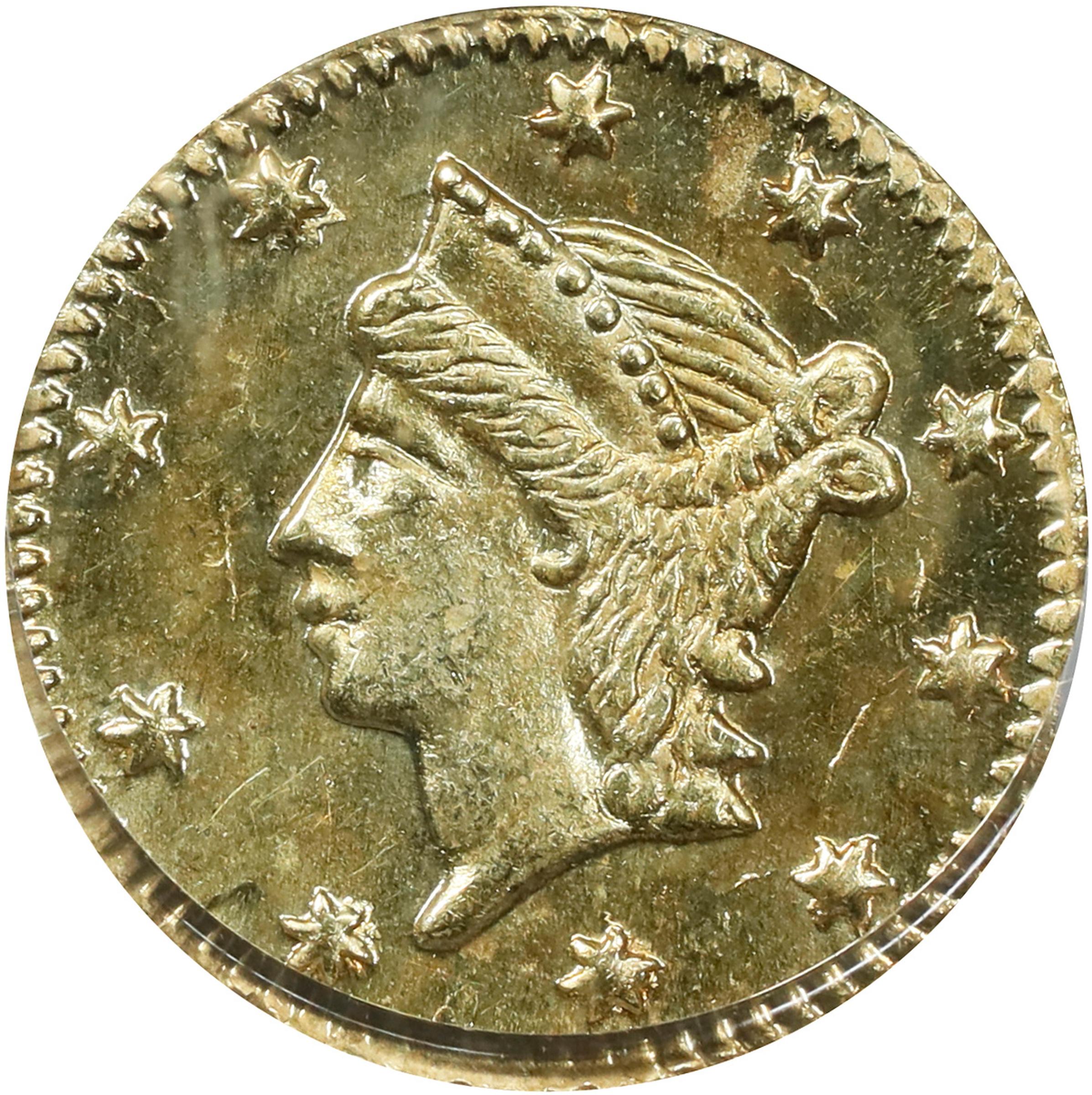 image for: 1855 Round 25 Cents. Liberty Head. BG-227. Rarity-6. MS-64 (PCGS).