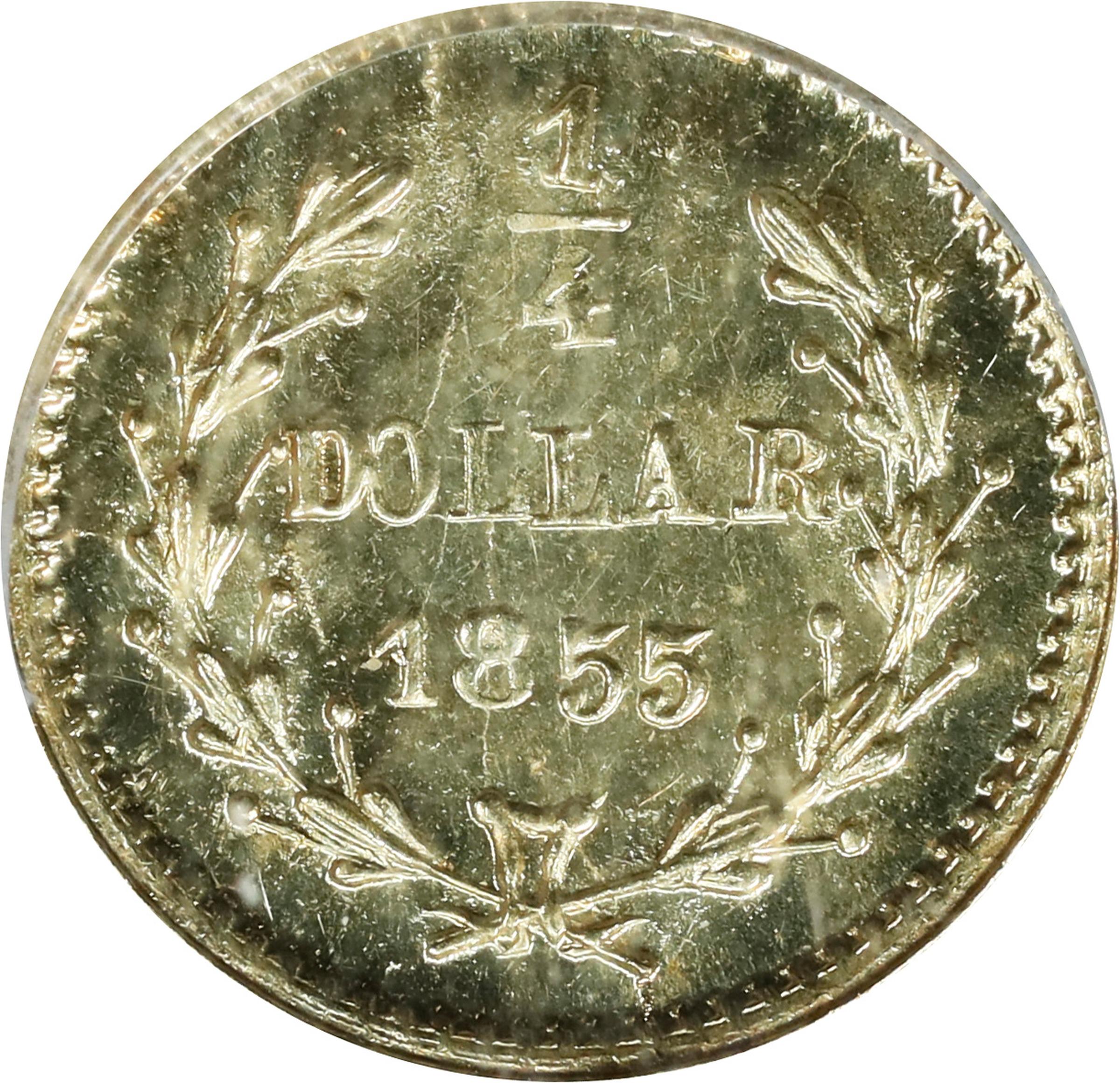 image for: 1855 Round 25 Cents. Liberty Head. BG-227. Rarity-6. MS-64 (PCGS).