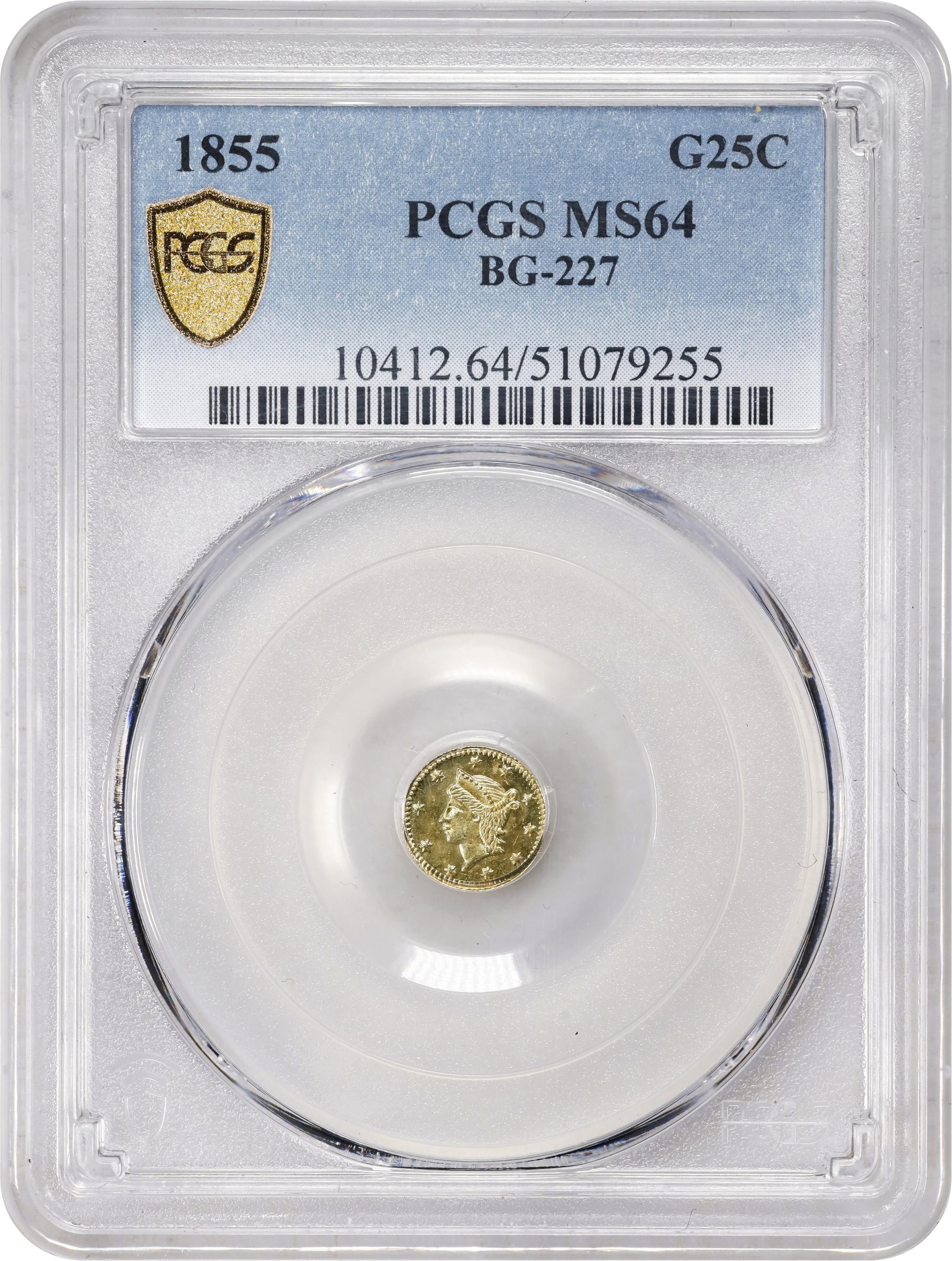 image for: 1855 Round 25 Cents. Liberty Head. BG-227. Rarity-6. MS-64 (PCGS).